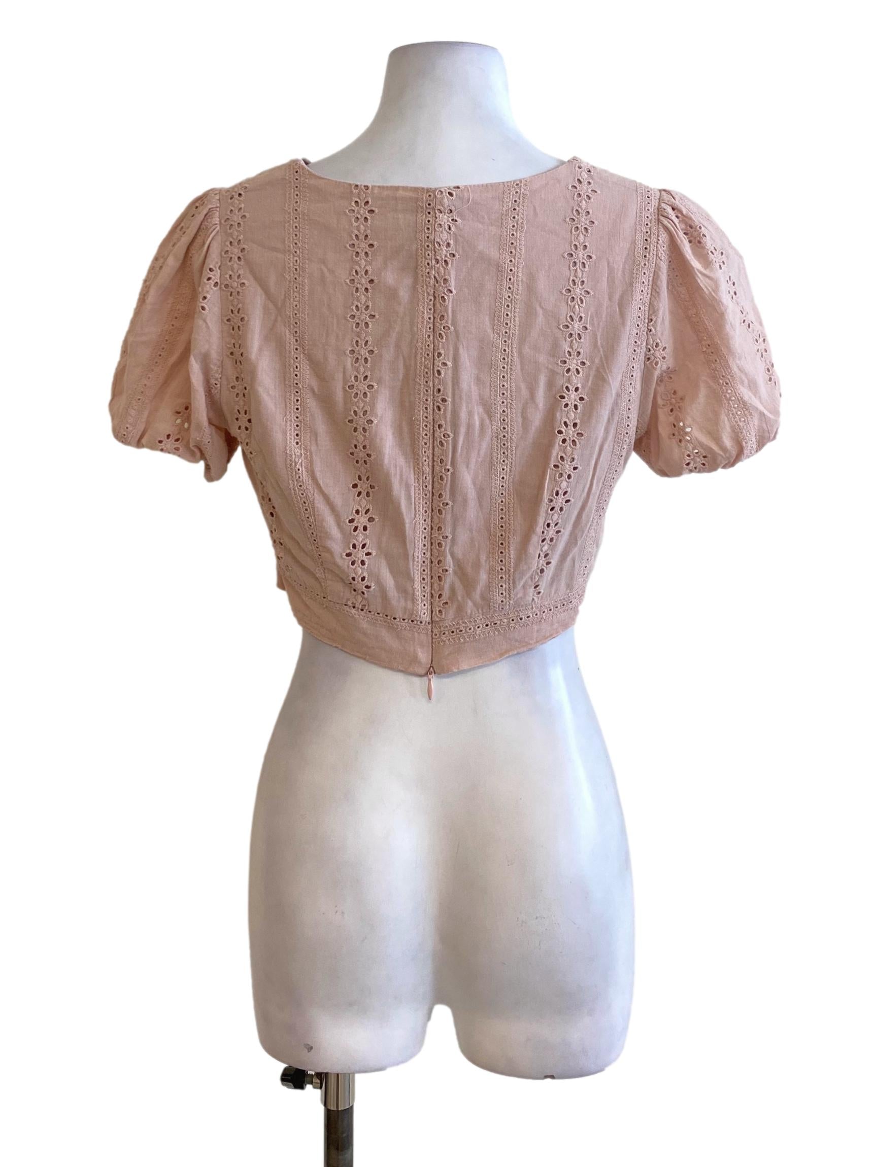 Blush Pink Floral Embroidered Buttoned Down Peasant Sleeved Cropped Top
