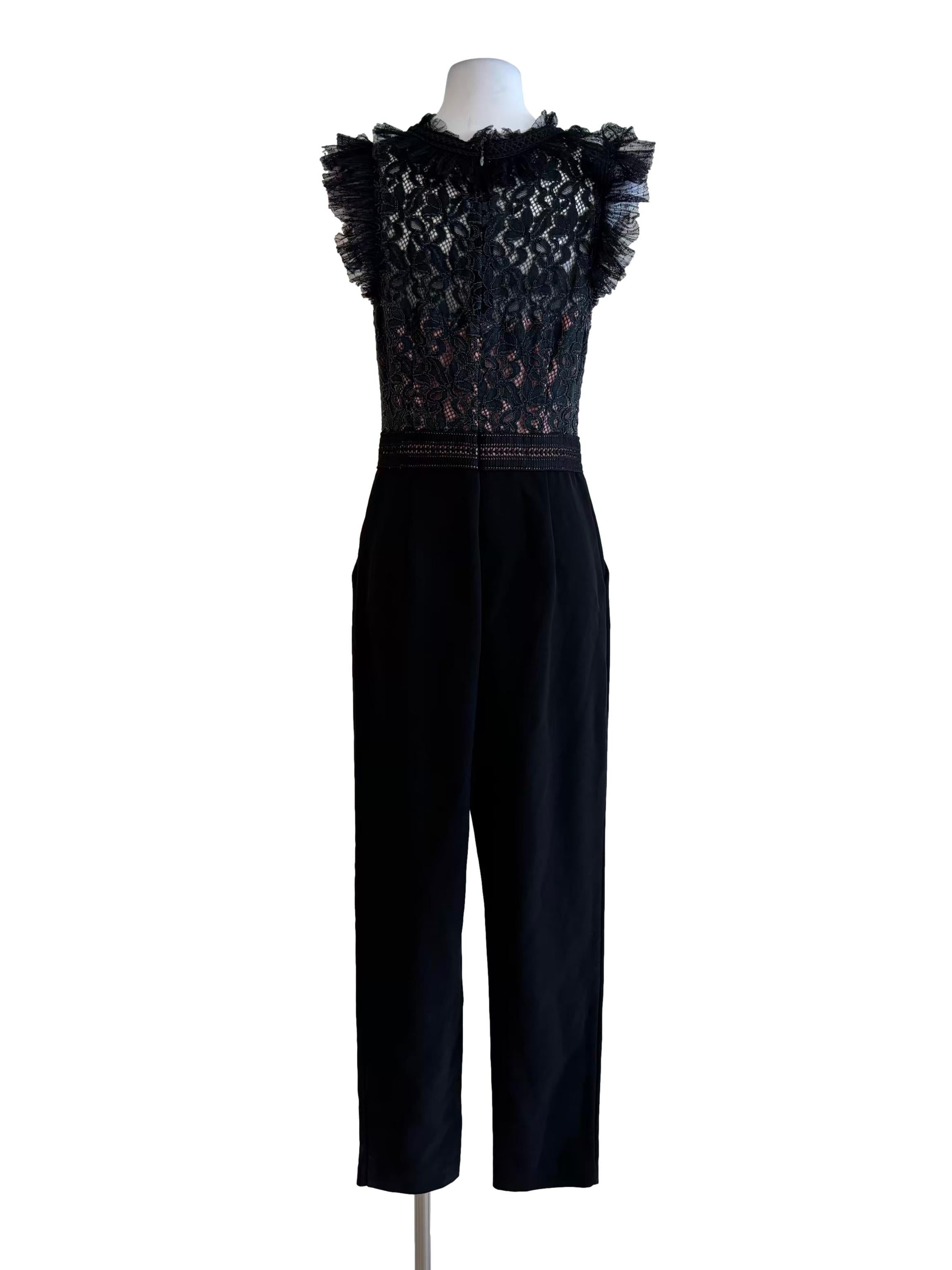 Black Ruffle Lace Bodice Sleeve Jumpsuit