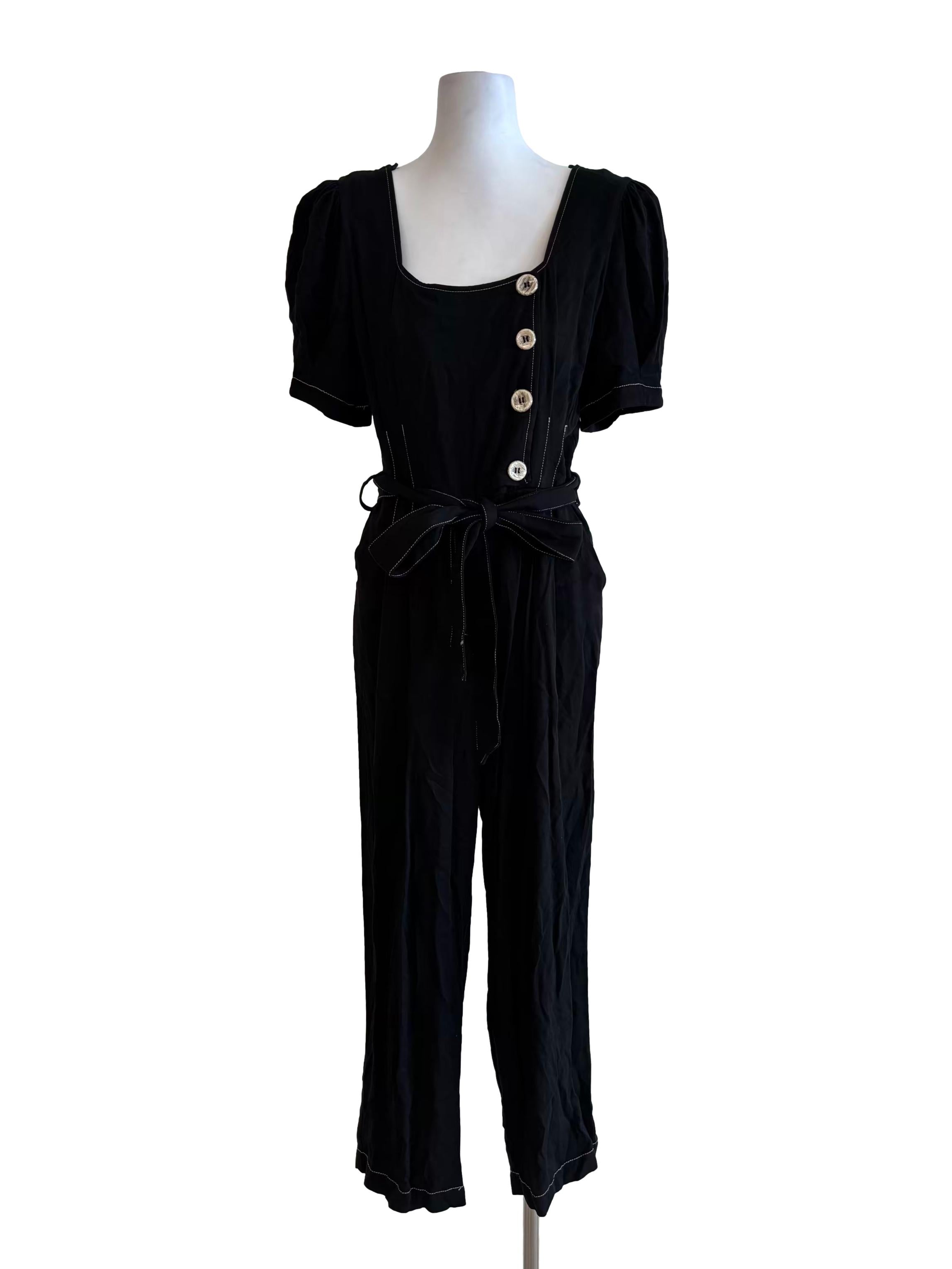 Soft Black Square Neck Cotton Denim Jumpsuit