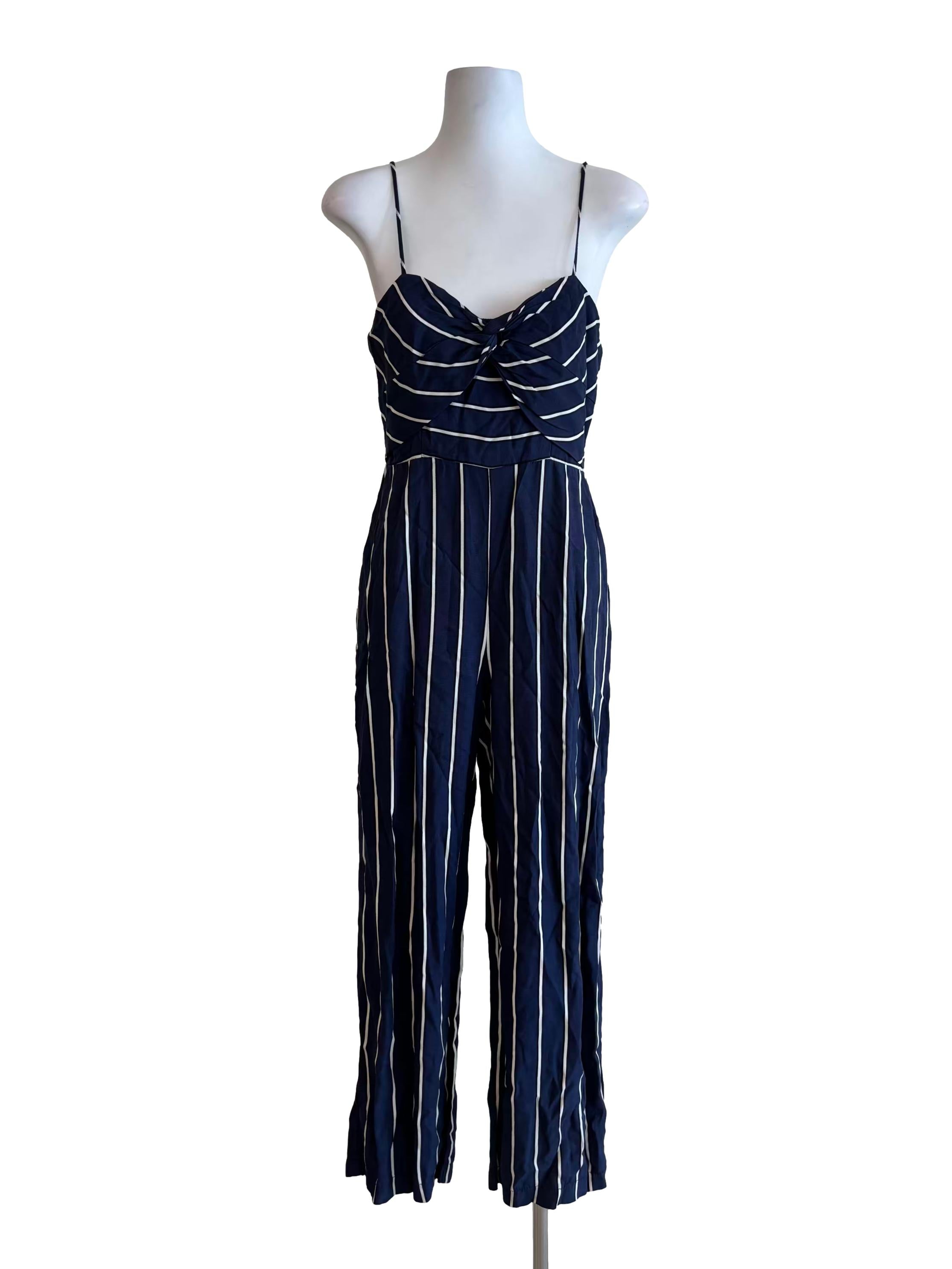 Navy Blue Striped Spaghetti Strap Jumpsuit