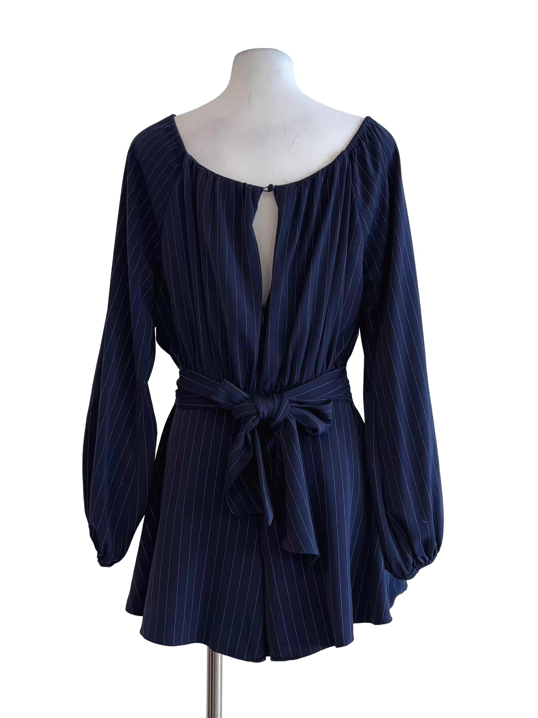 Navy Blue Long Sleeve Stripe Romper
