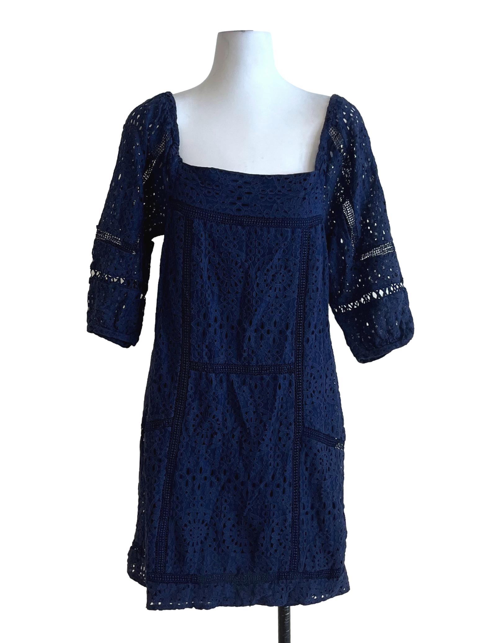 Navy Blue Square Neckline Empire Dress
