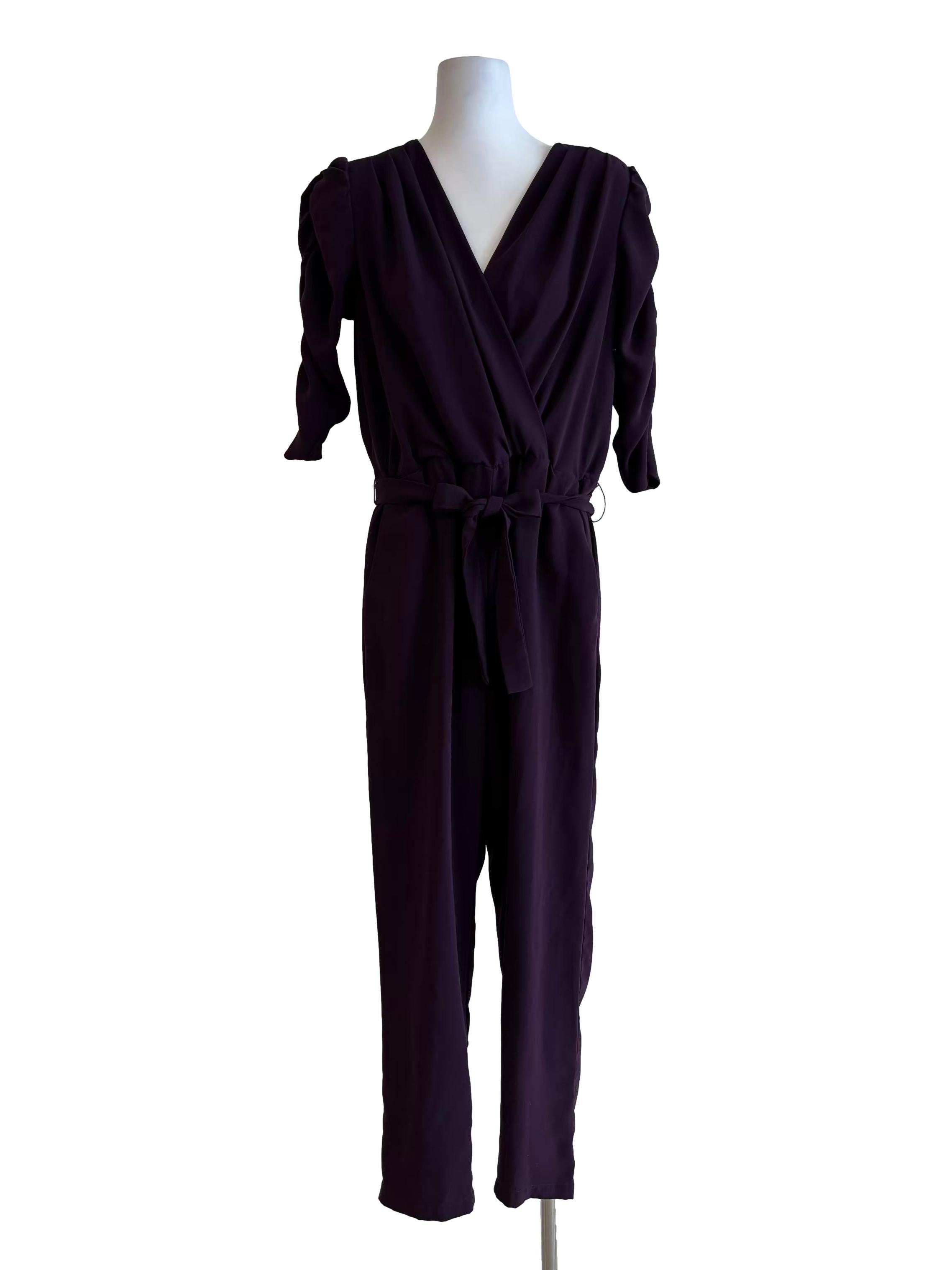 Eggplant Purple Scrunched Sleeve Surplice Jumpsuit