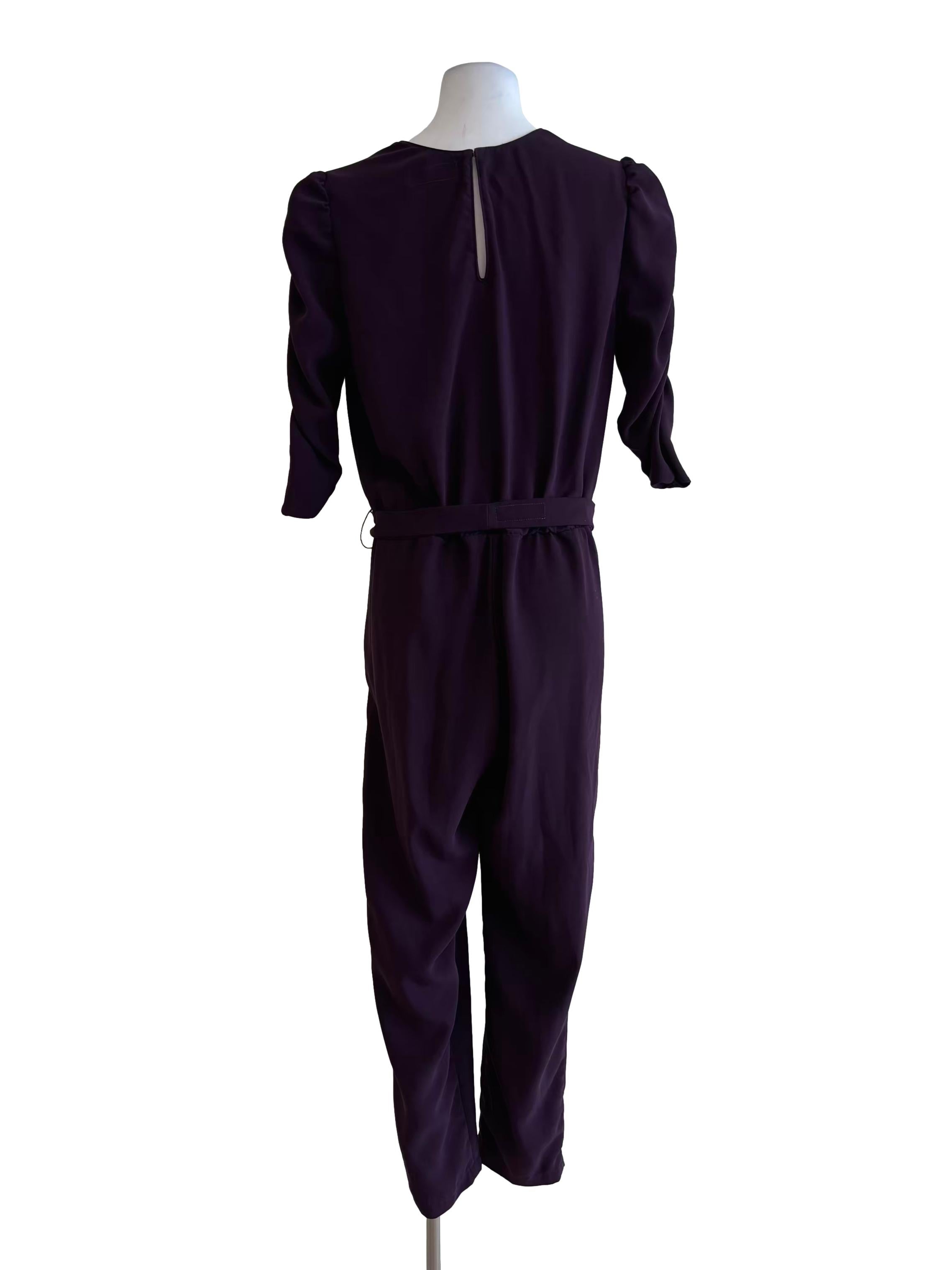 Eggplant Purple Scrunched Sleeve Surplice Jumpsuit