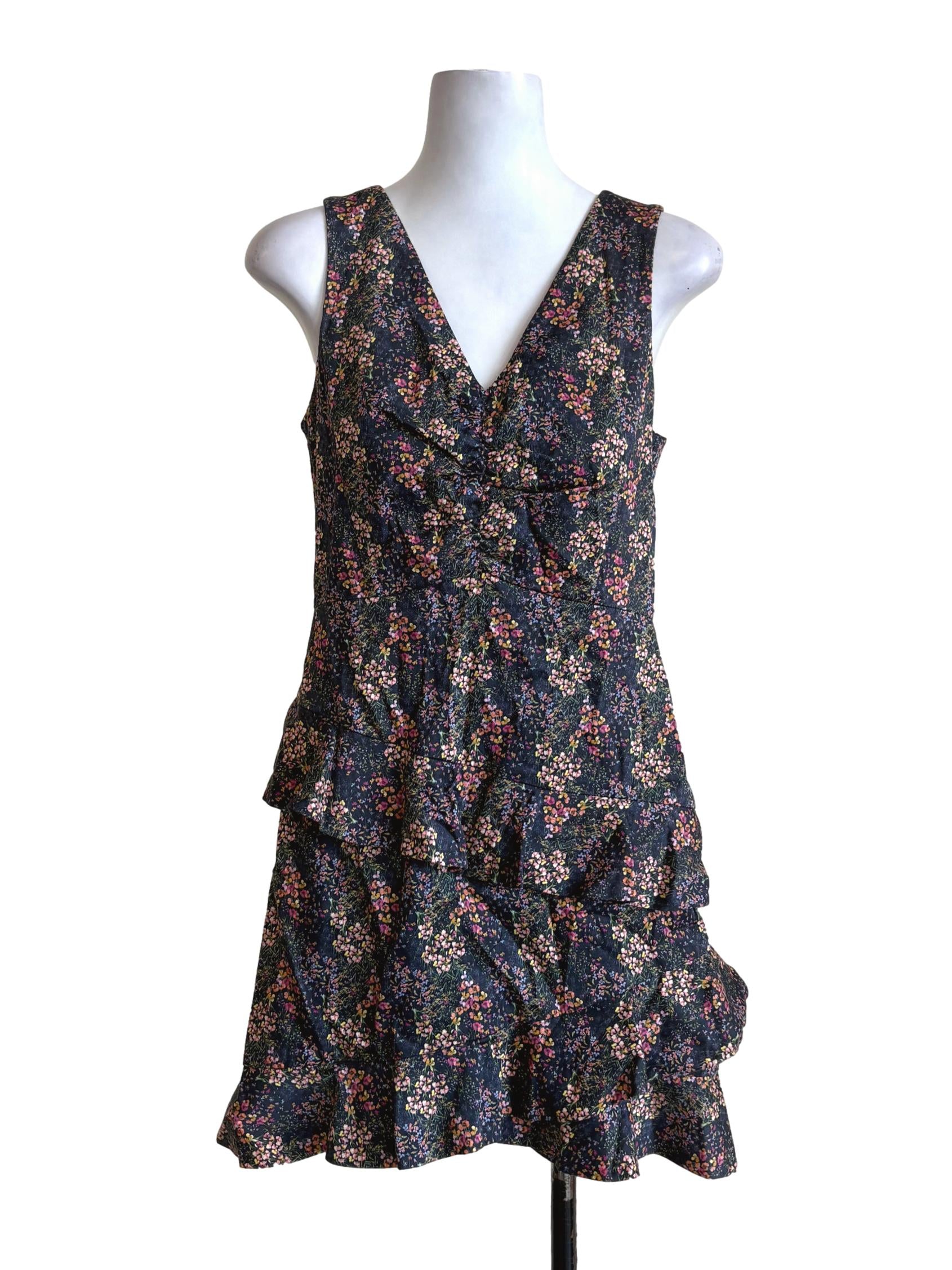 Navy Blue Floral Ruffle Dress