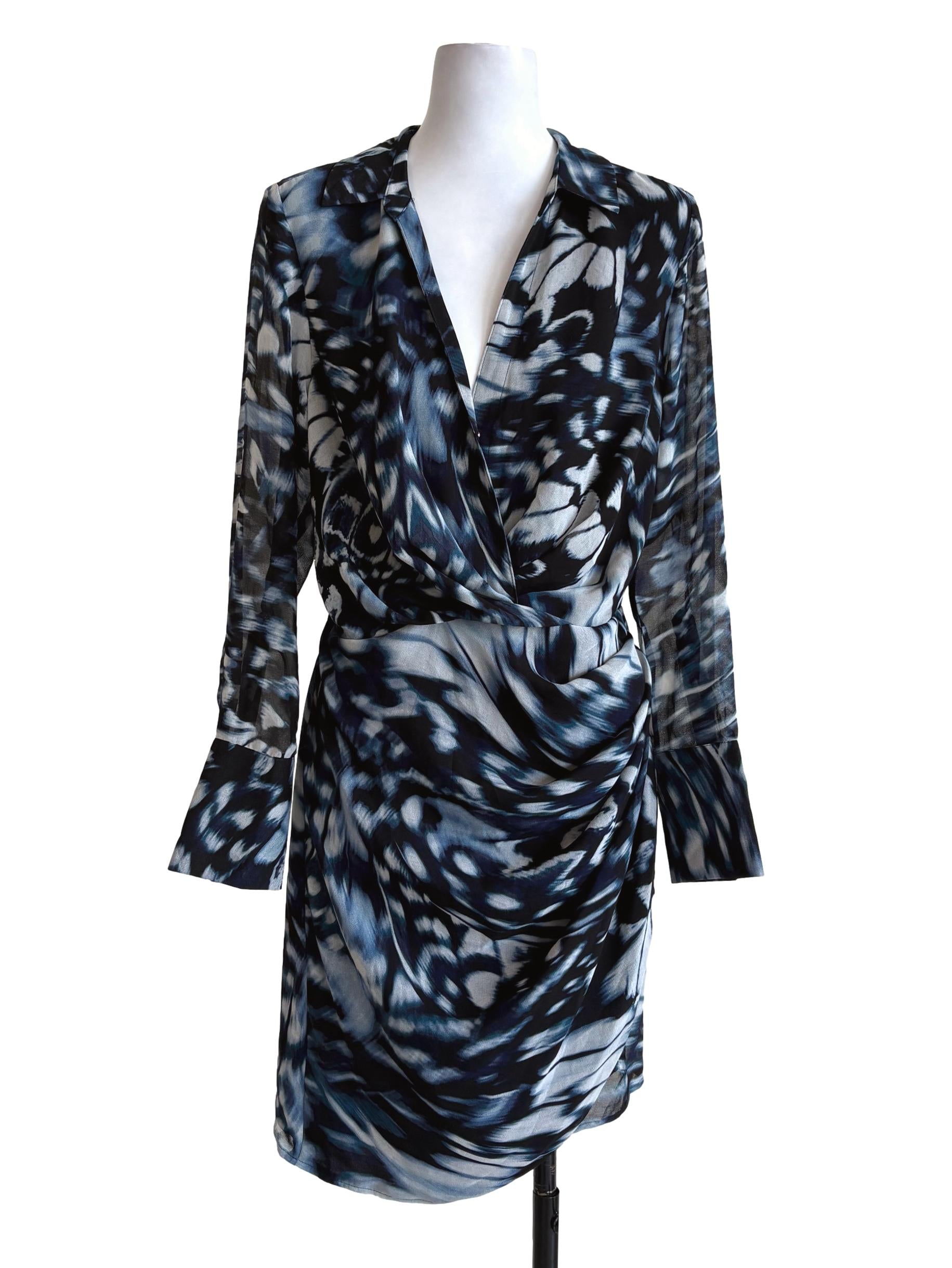 Blue Abstract Pattern Gathered Dress