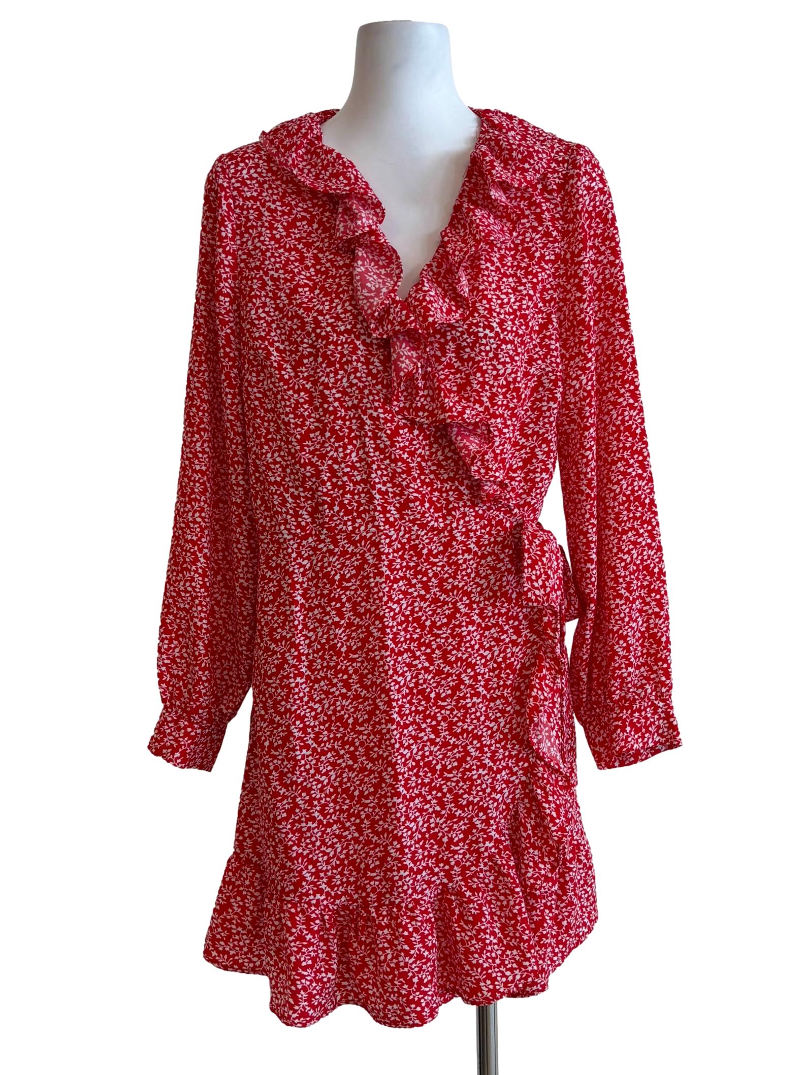 Cherry Red Floral Ruffle Wrap Dress