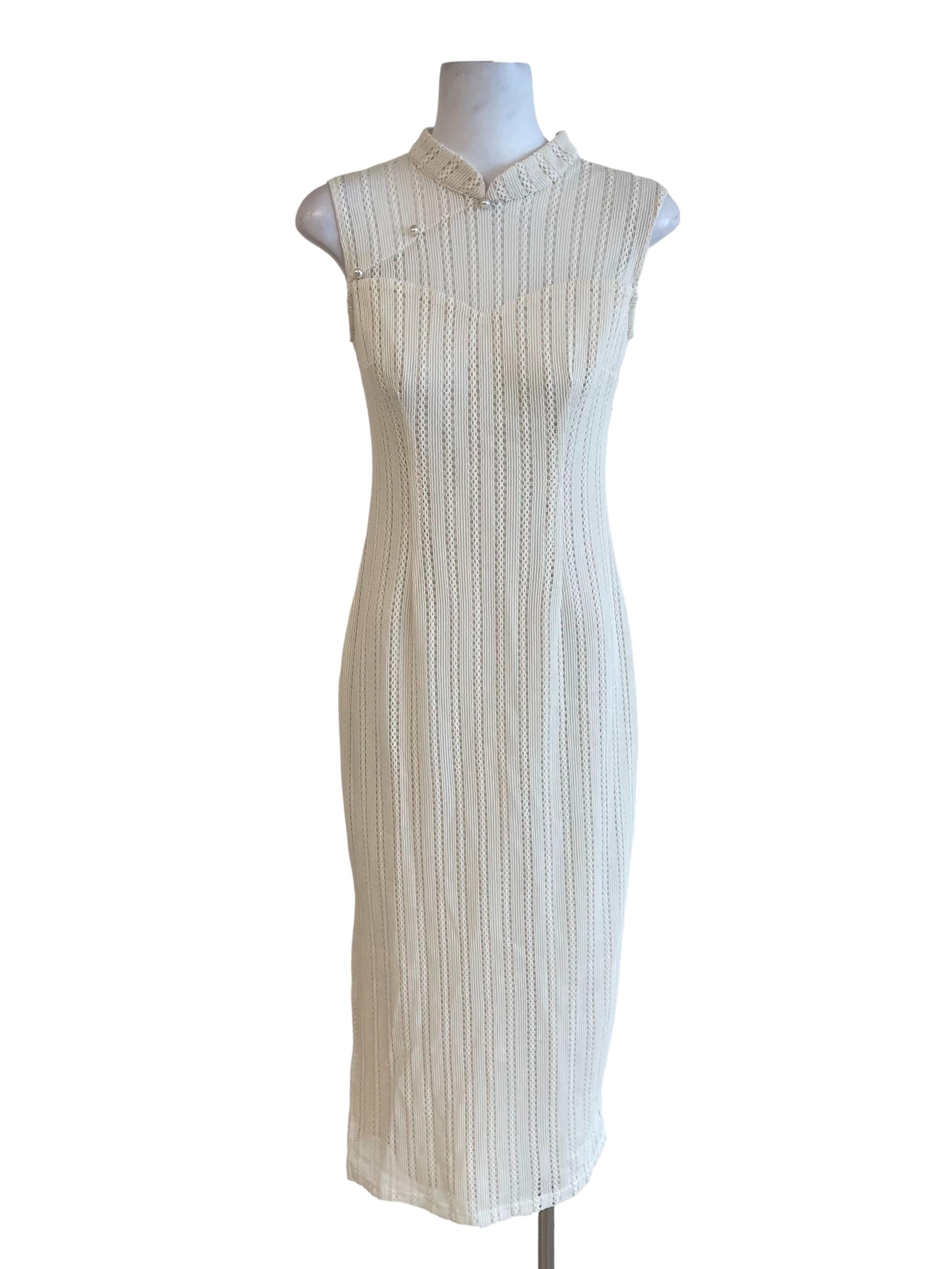 Off White Sleeveless Knit Cheongsam