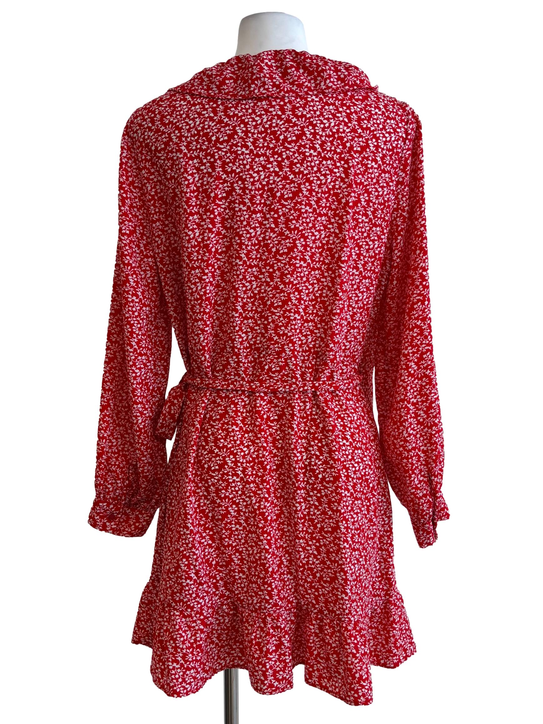 Cherry Red Floral Ruffle Wrap Dress