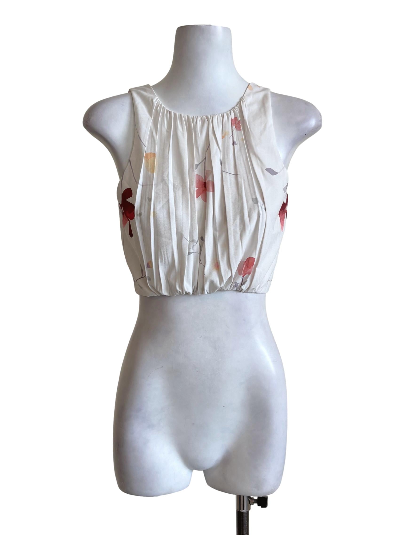 White Floral Pleated Sleeveless Top
