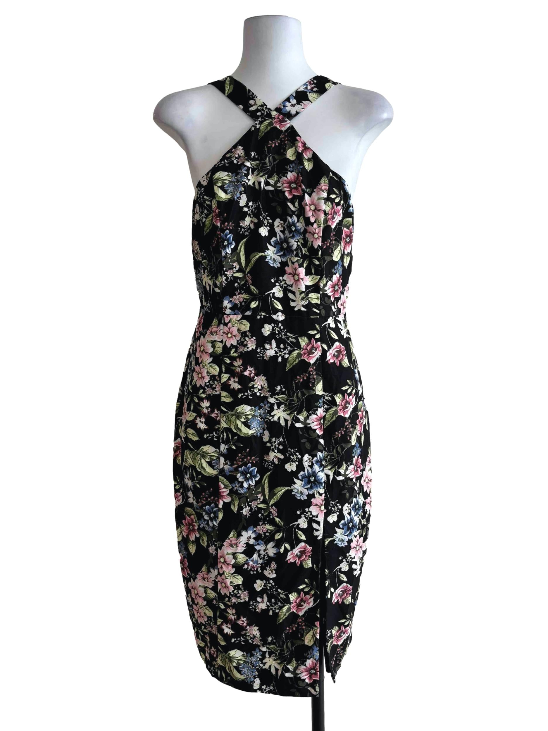 Jet Black Floral Cross Neck Pencil Dress
