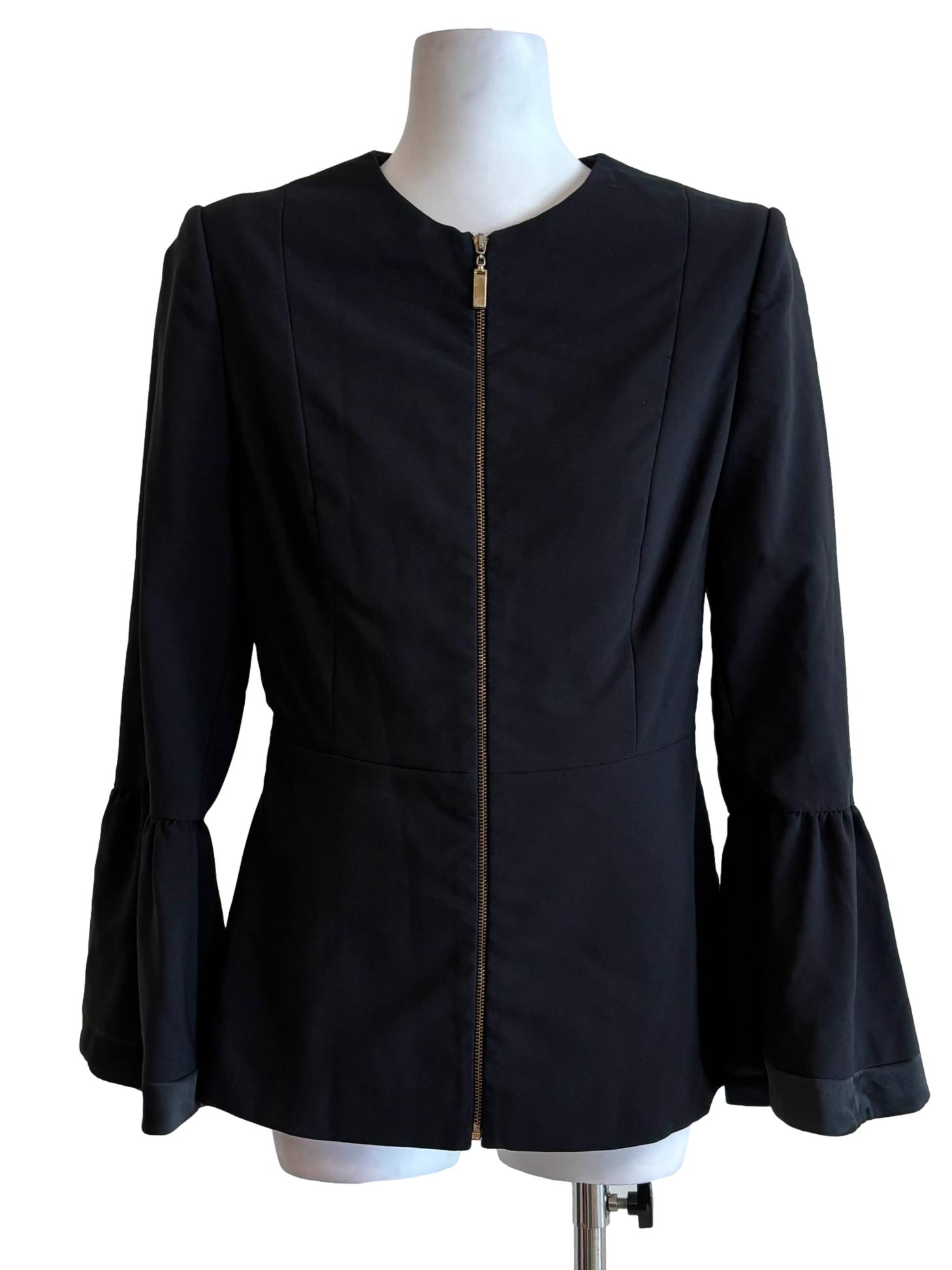 Jet Black Flare Fitted Zip Up Top