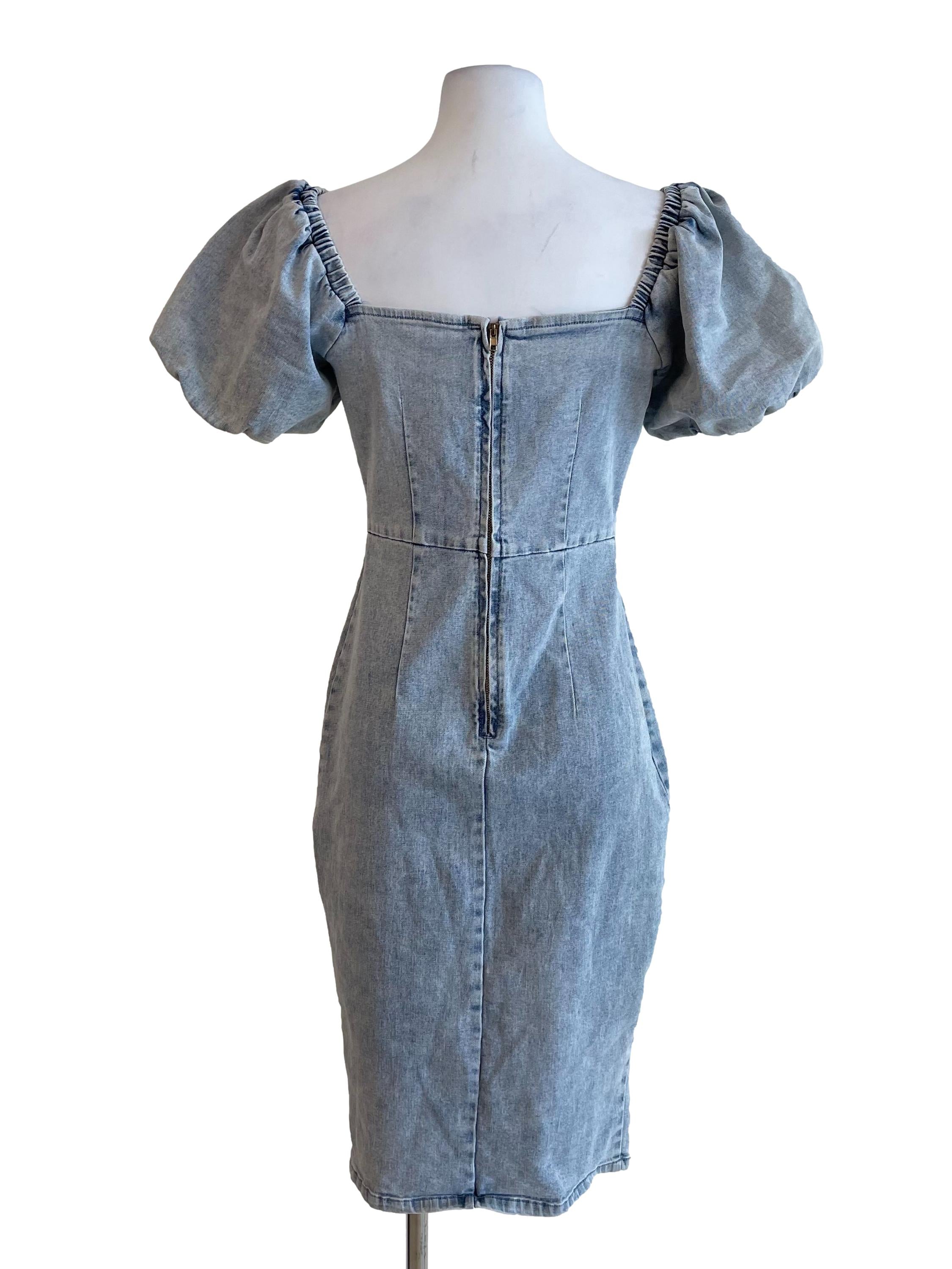 Light Blue Puff Sleeves Denim Dress