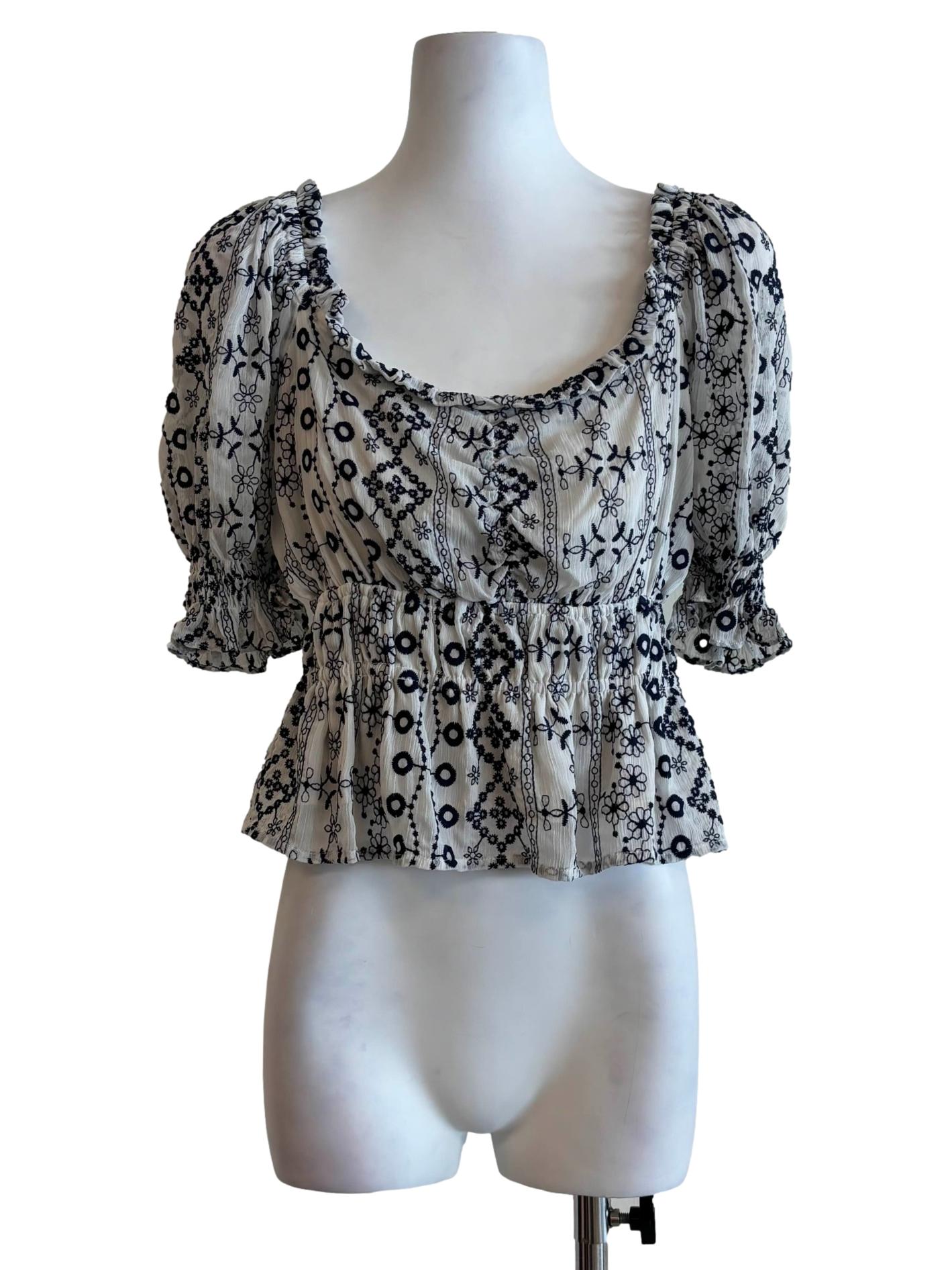 Powder White Embroidered Smocked Top