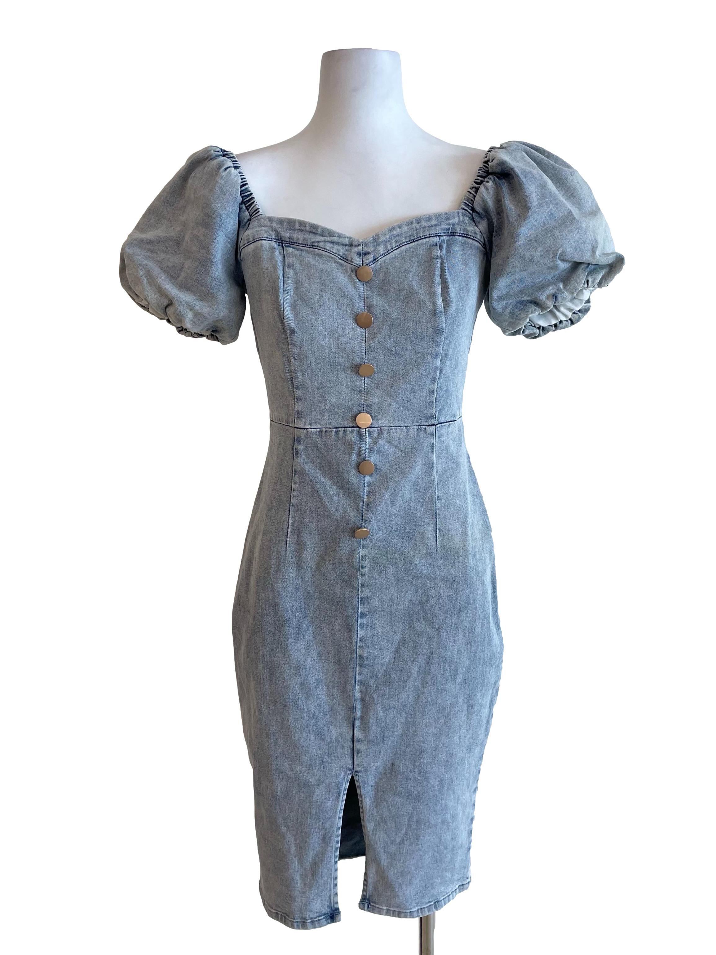 Light Blue Puff Sleeves Denim Dress
