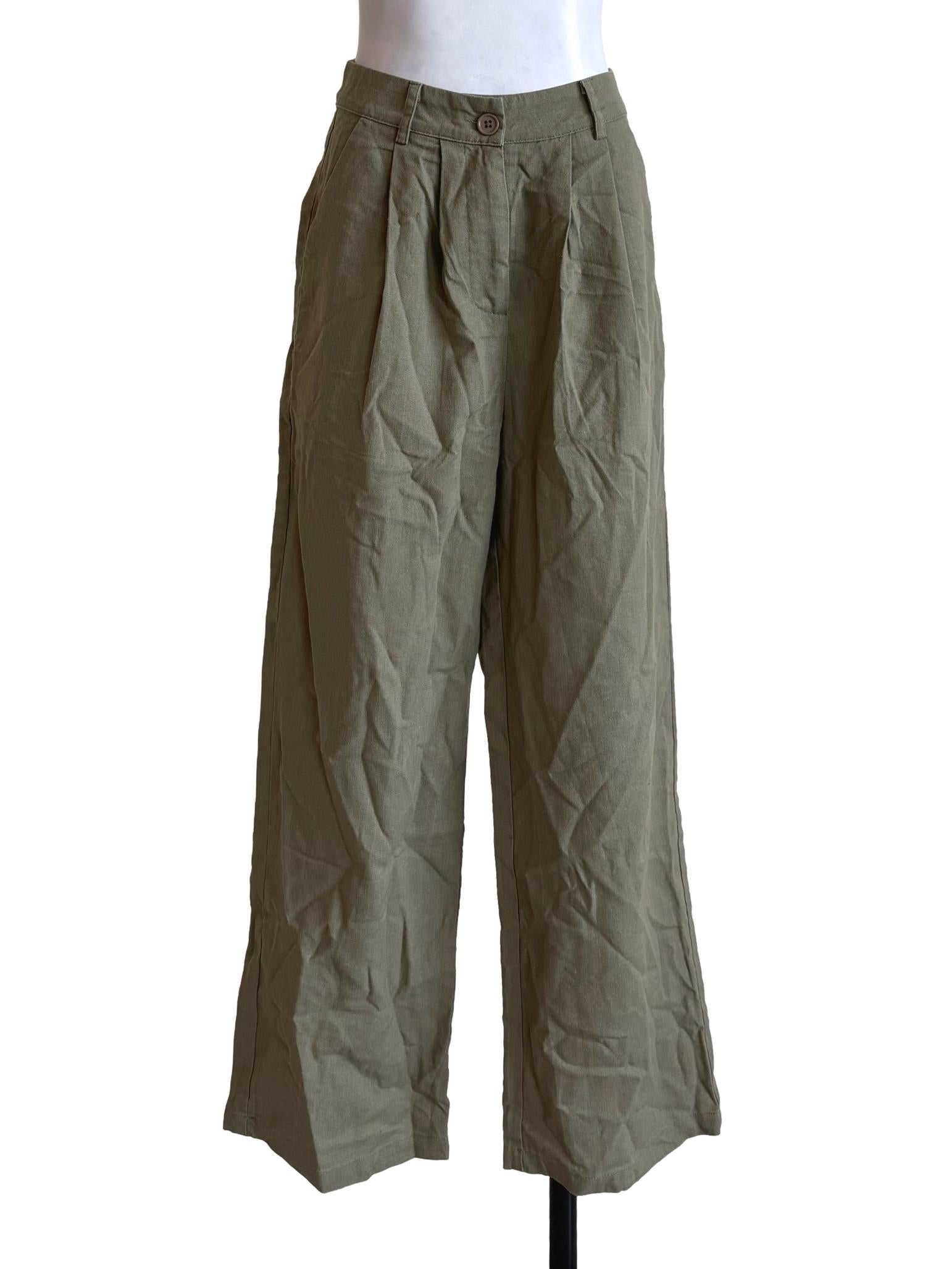 Khaki Pleated Wide Leg Dress Pants TTR