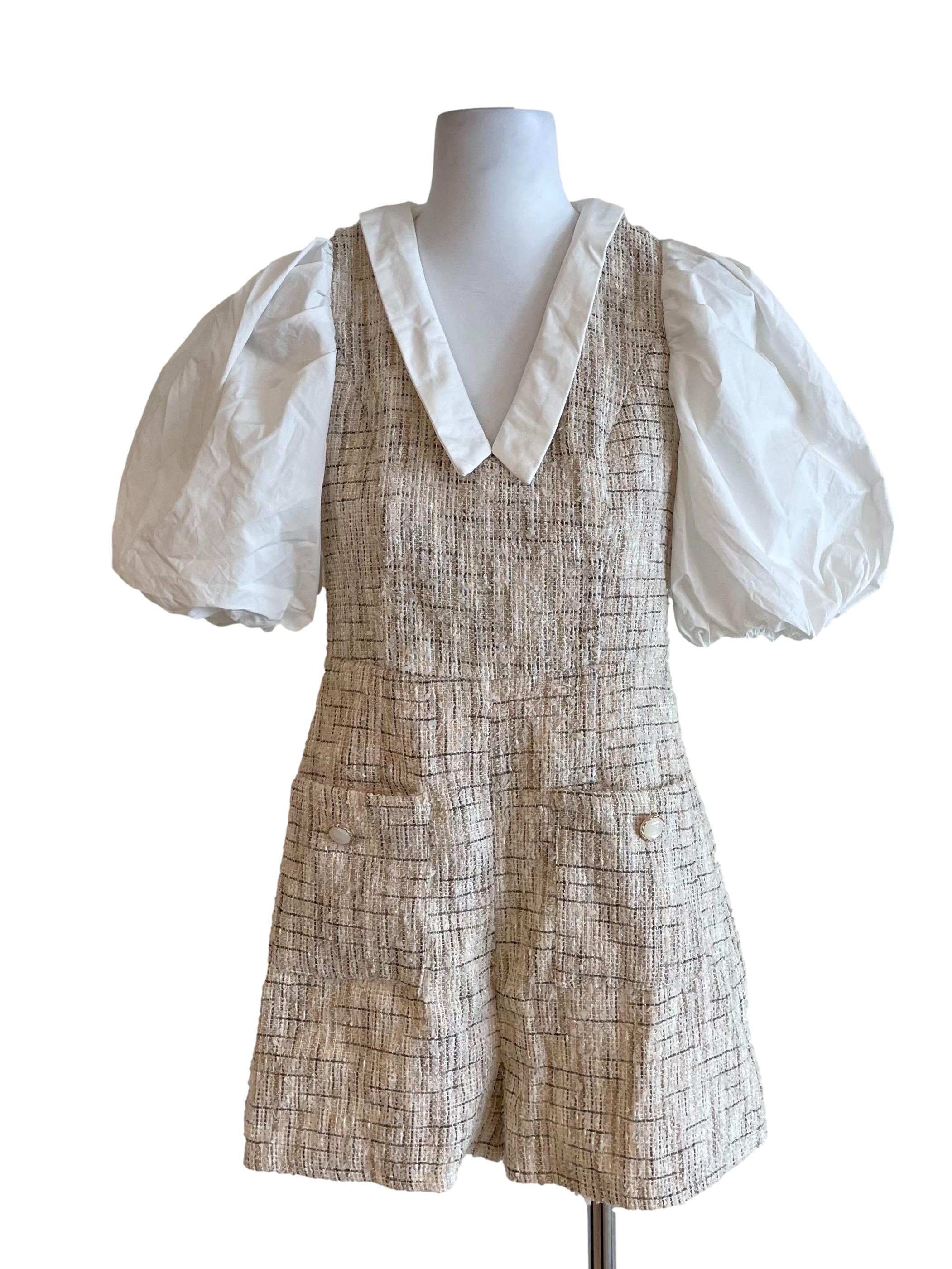 Ivory & White Shiny Tweed Fake Two Piece Romper
