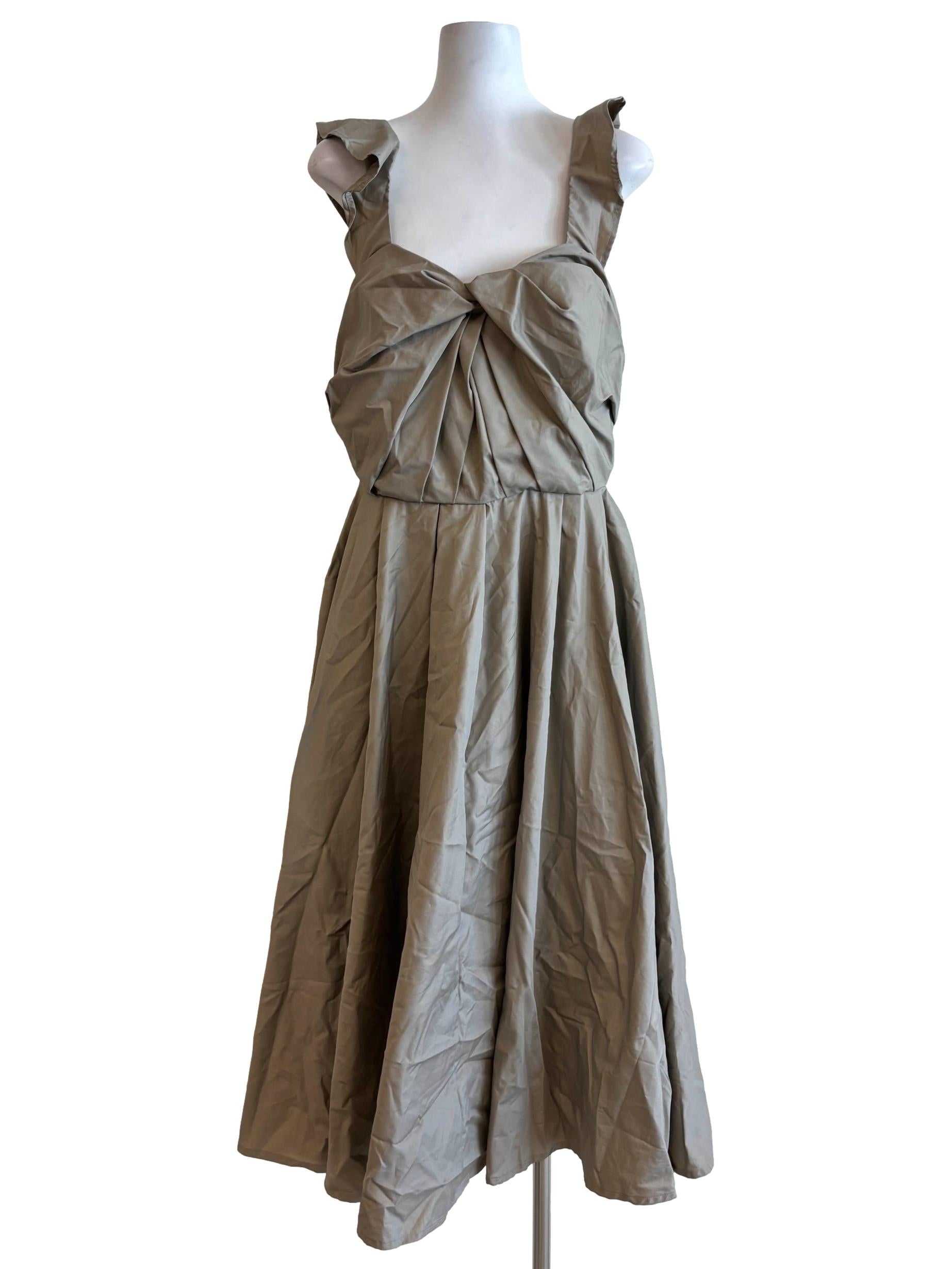 Khaki Twisted Cotton A-Line Dress