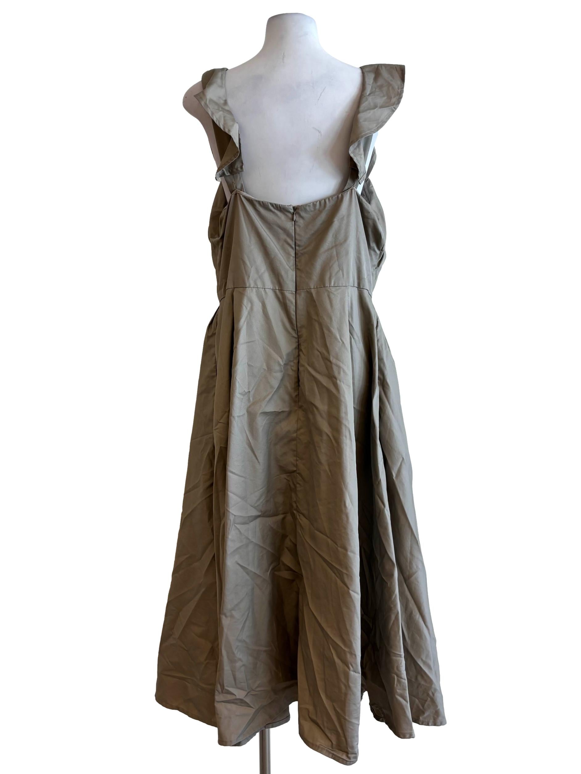 Khaki Twisted Cotton A-Line Dress