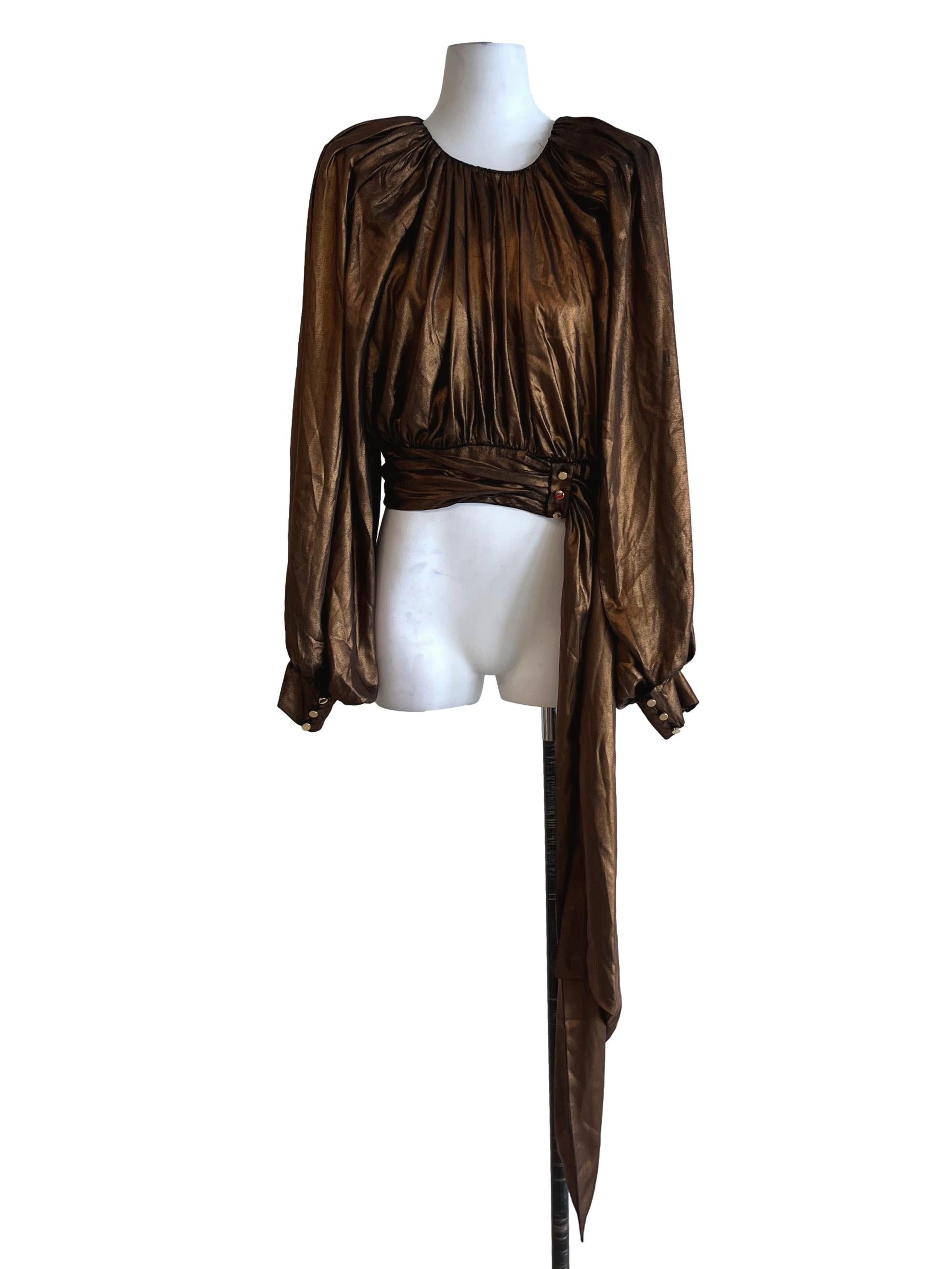 Brown Metallic Jewel Neckline Blouse