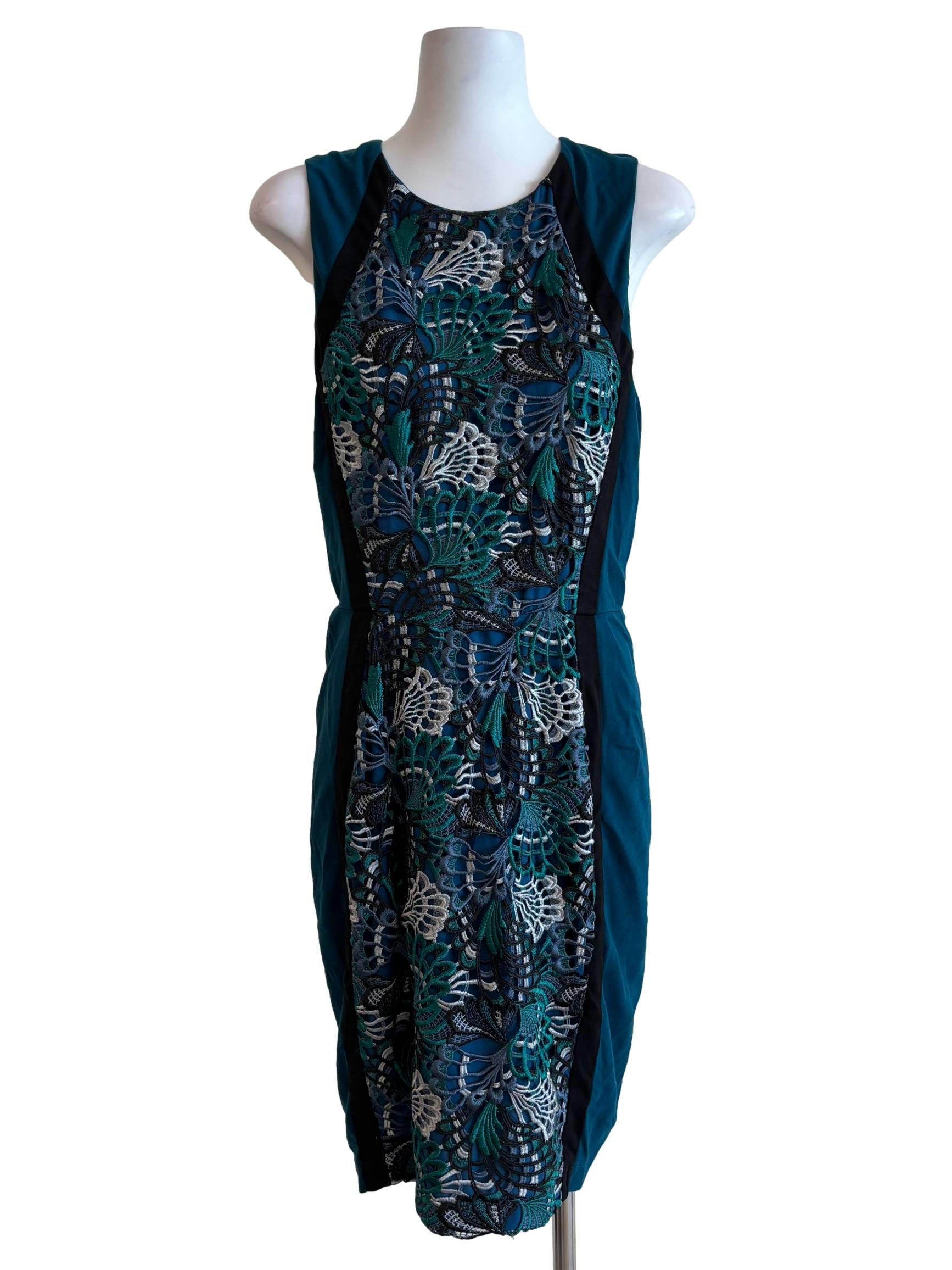 Teal Floral Lace Sleeveless Pencil Dress