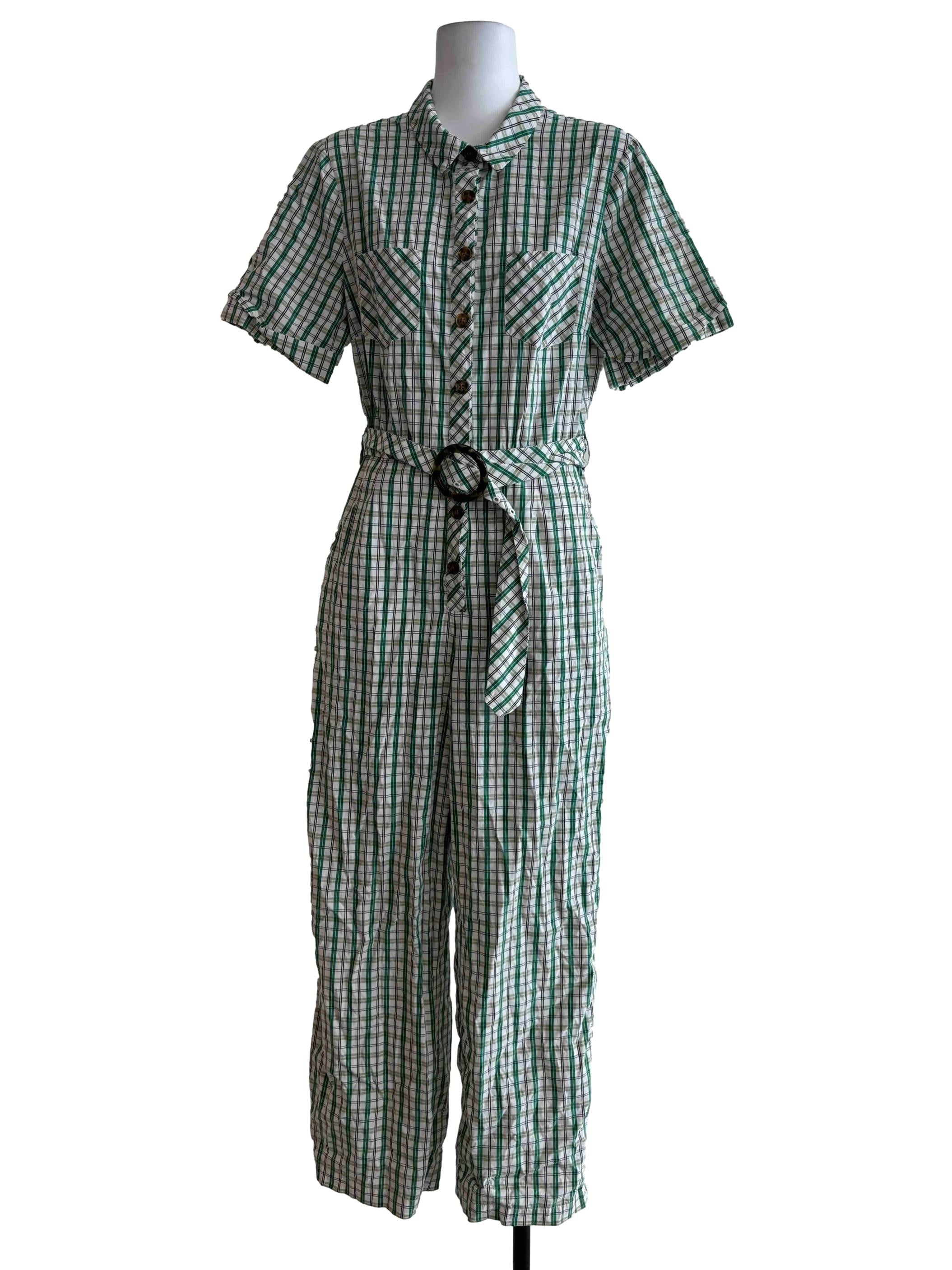Pistachio Green Plaid Shirt Jumpsuit