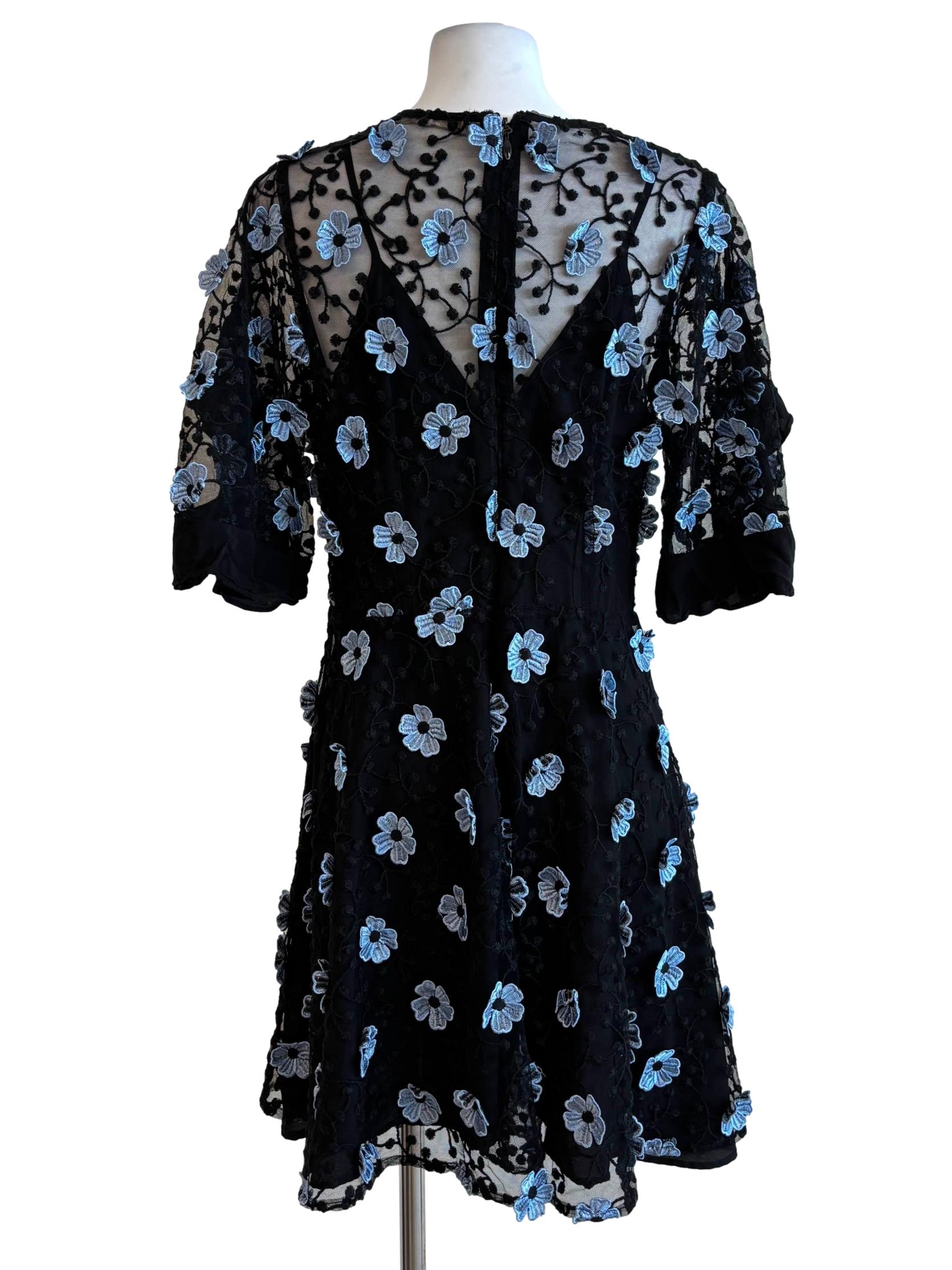 Black with 3D Blue Floral Appliques Crave You Mini Dress