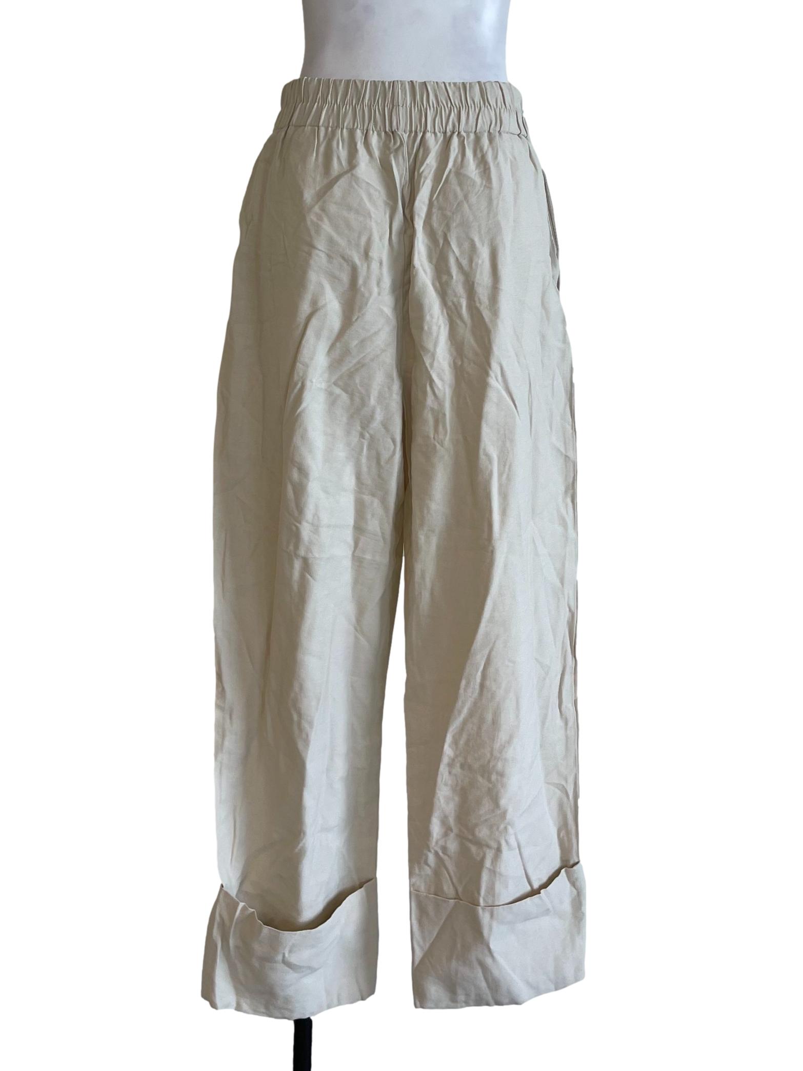 Beige Folded Cotton Pants