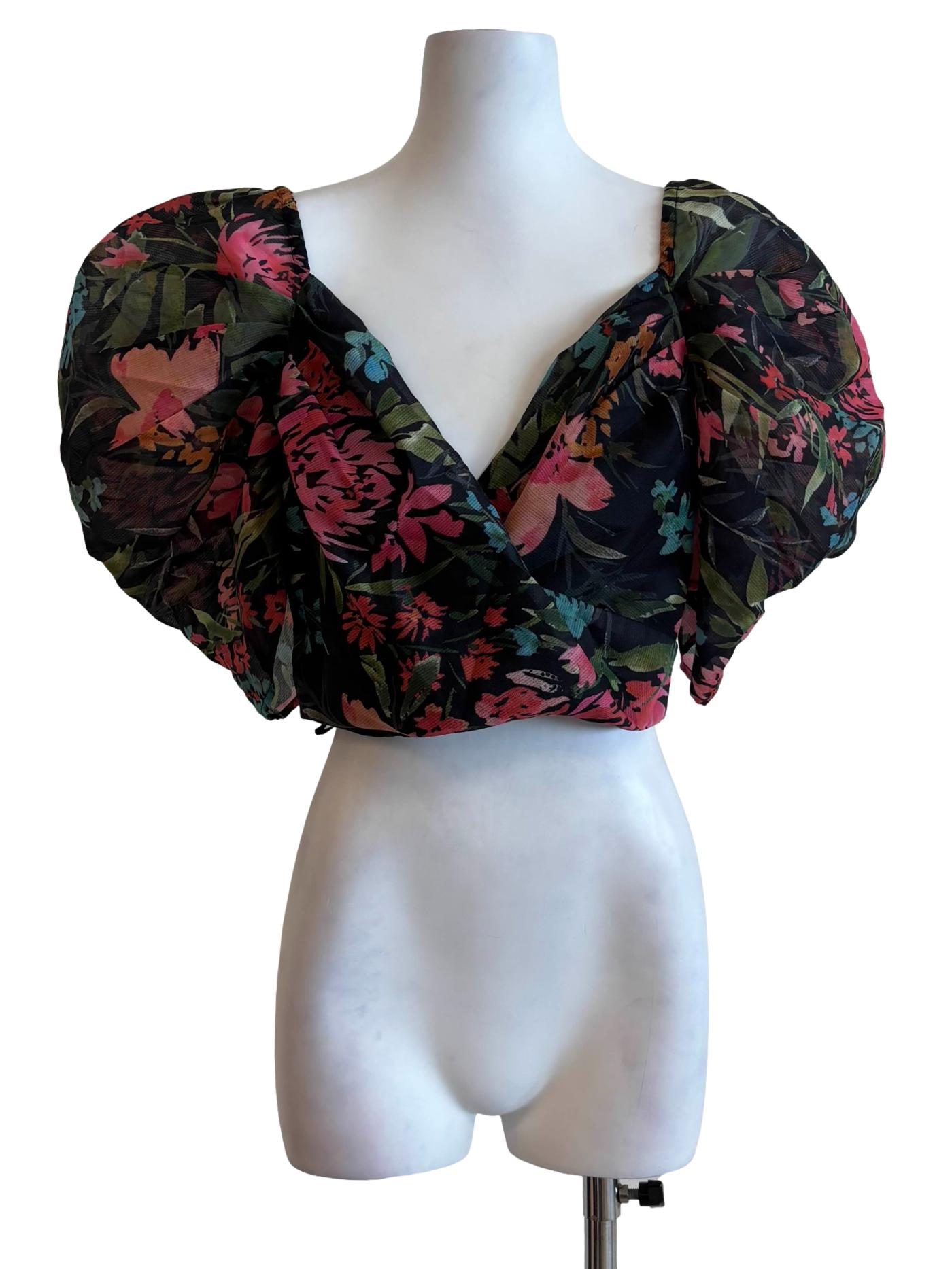 Jet Black Floral Puffy Crop Top