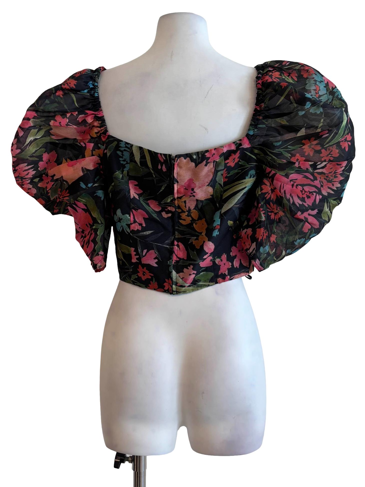 Jet Black Floral Puffy Crop Top