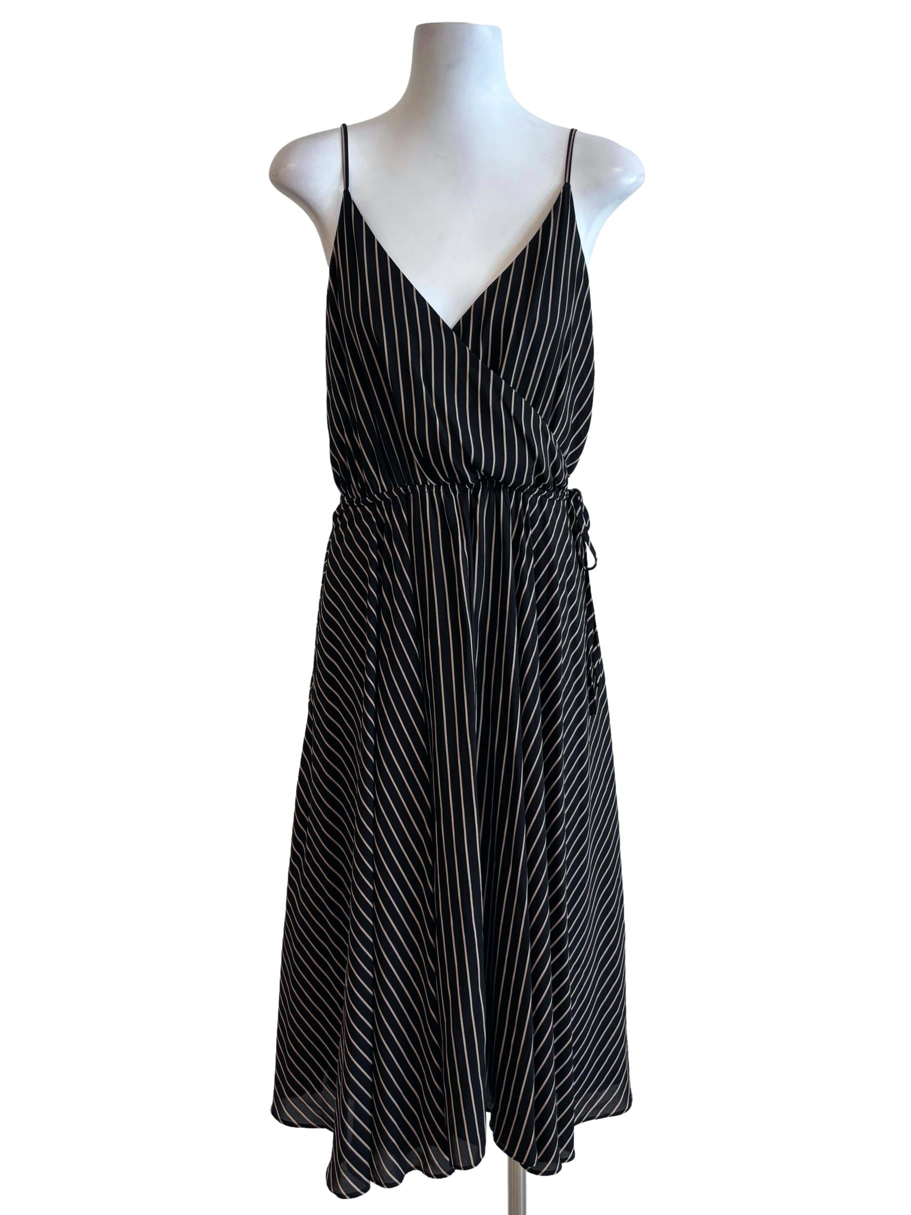 Jet Black Striped Surplice Flare Dress