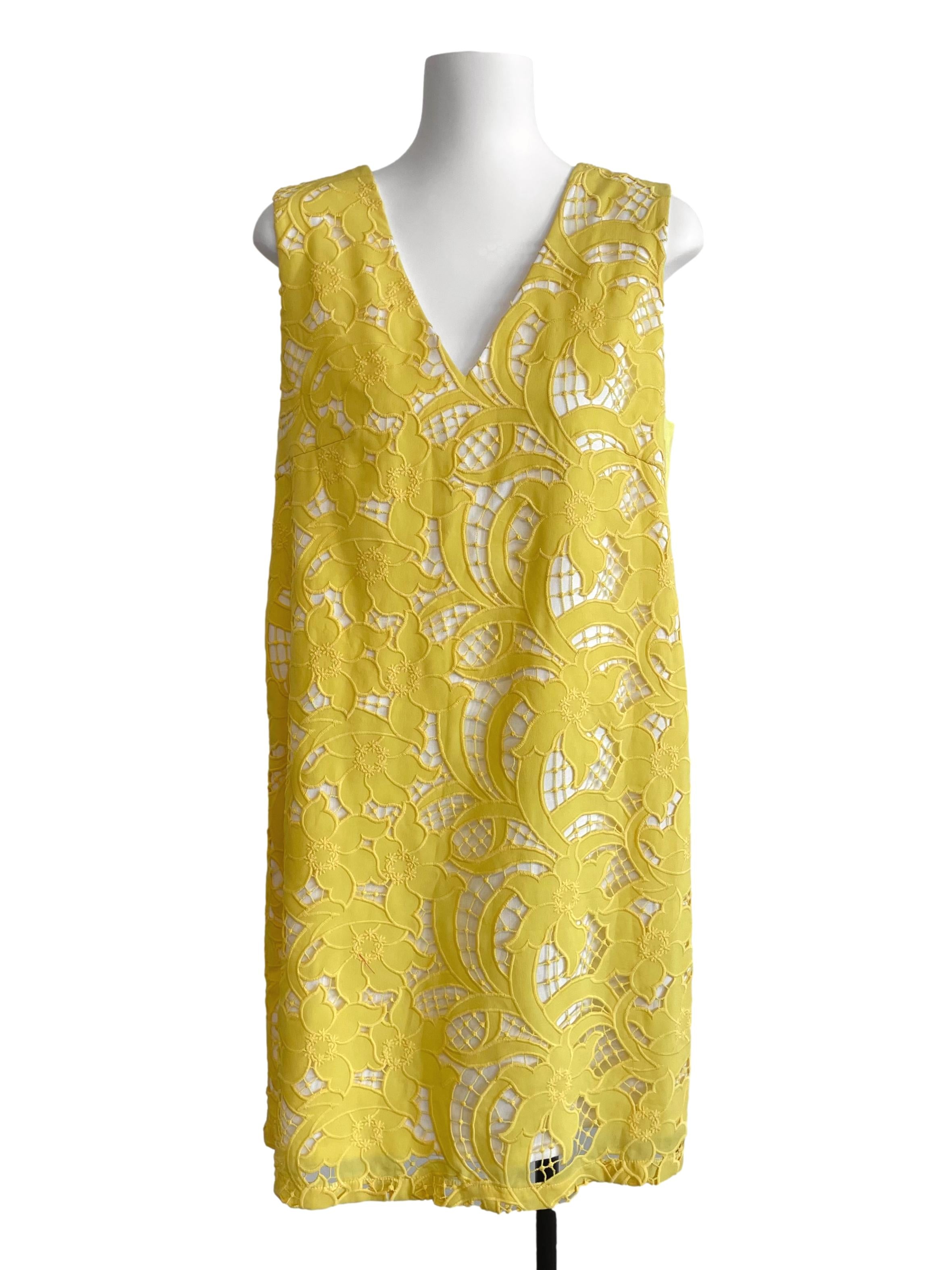 Yellow Floral Embroidery V Neck Dress