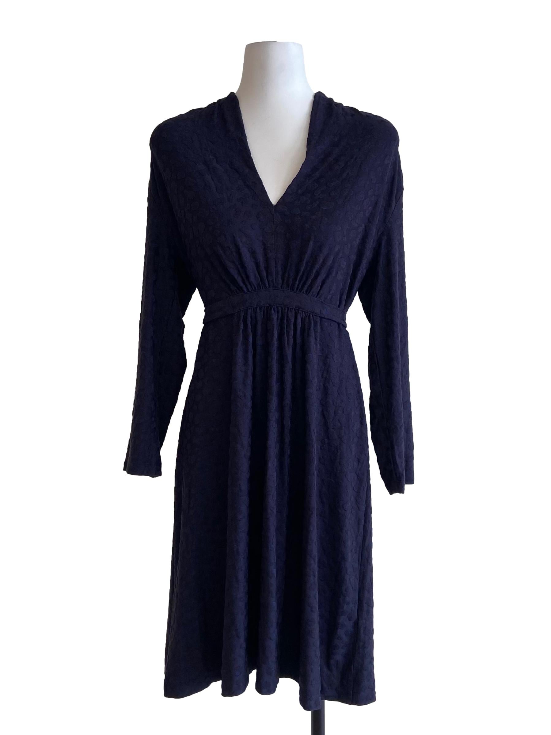 Navy Blue & Black Dot V-Neck A-Line Dress