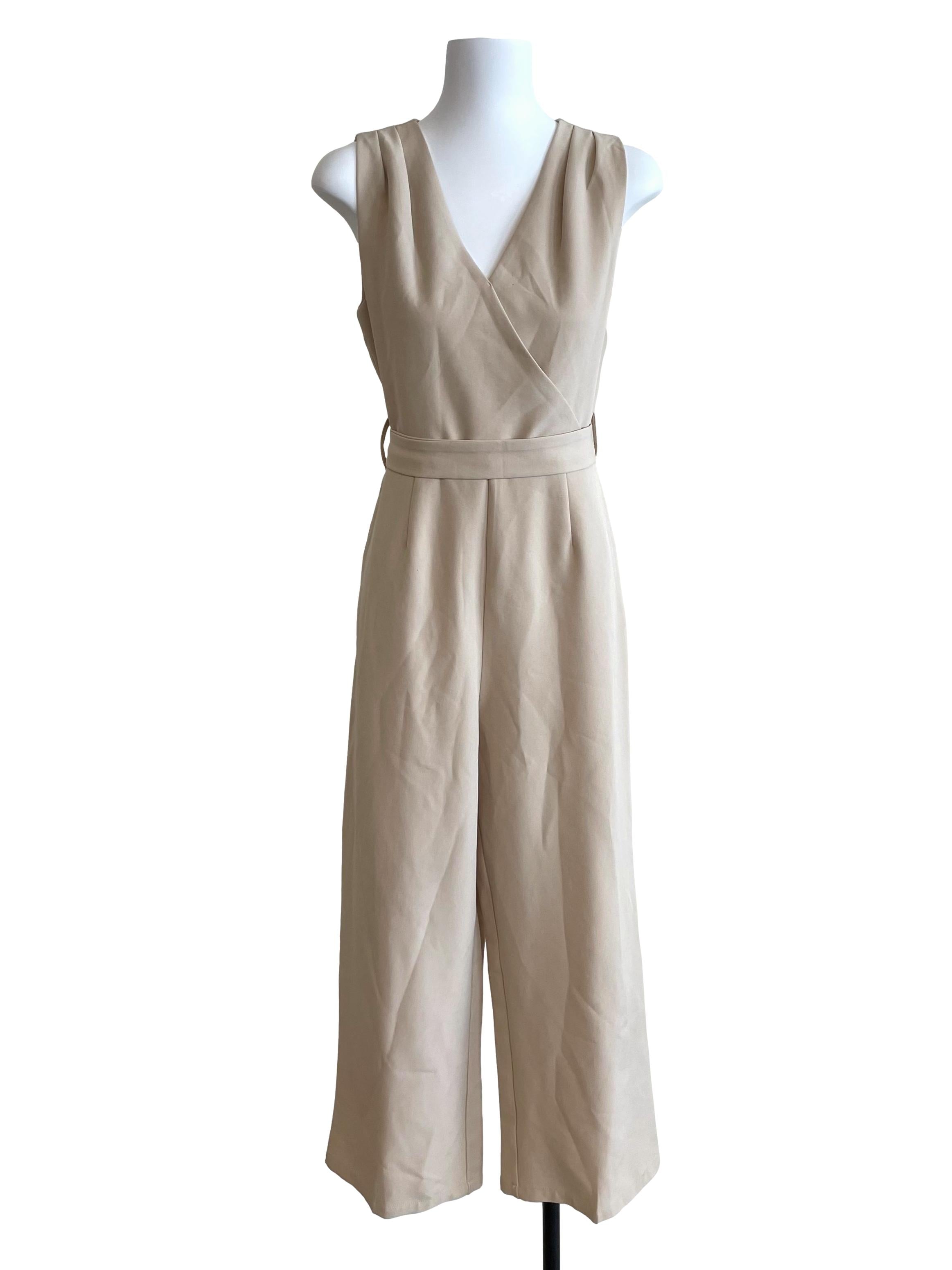 Ivory V Neck Draped Sleeveless Jumpsuit