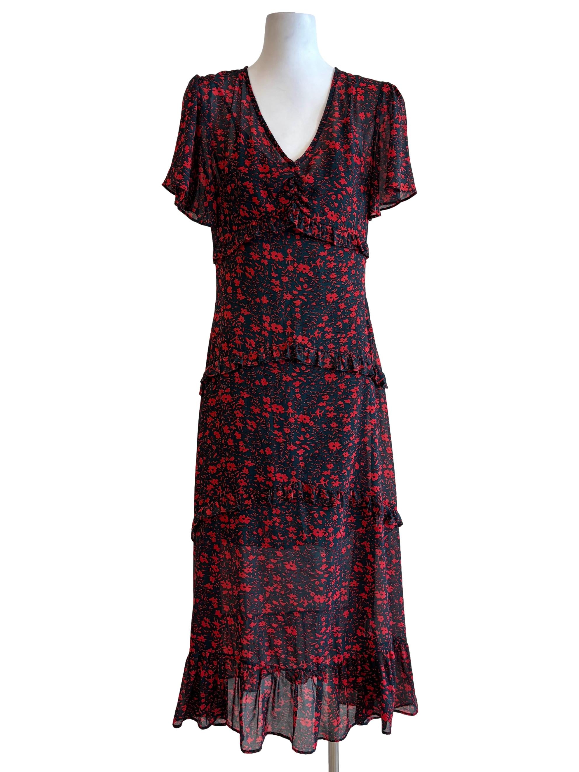 Black Red Flower Print Sheer Tier Dress