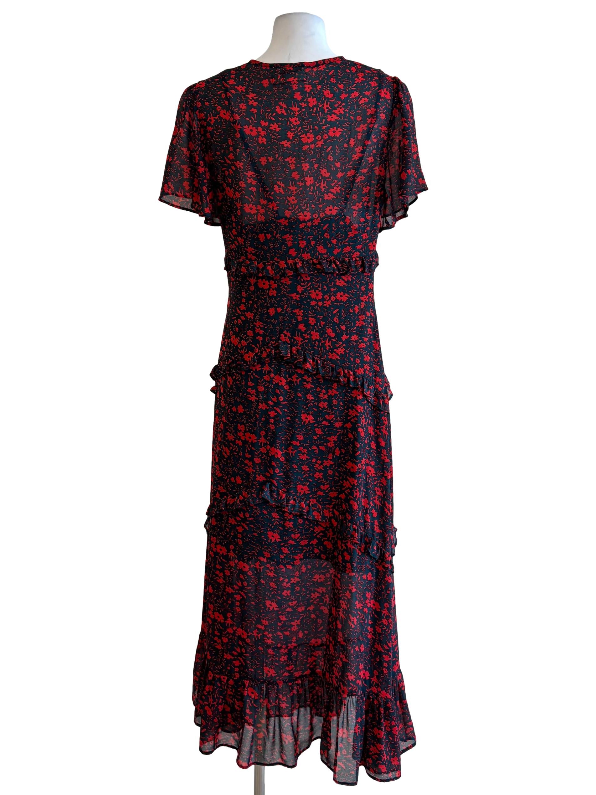 Black Red Flower Print Sheer Tier Dress