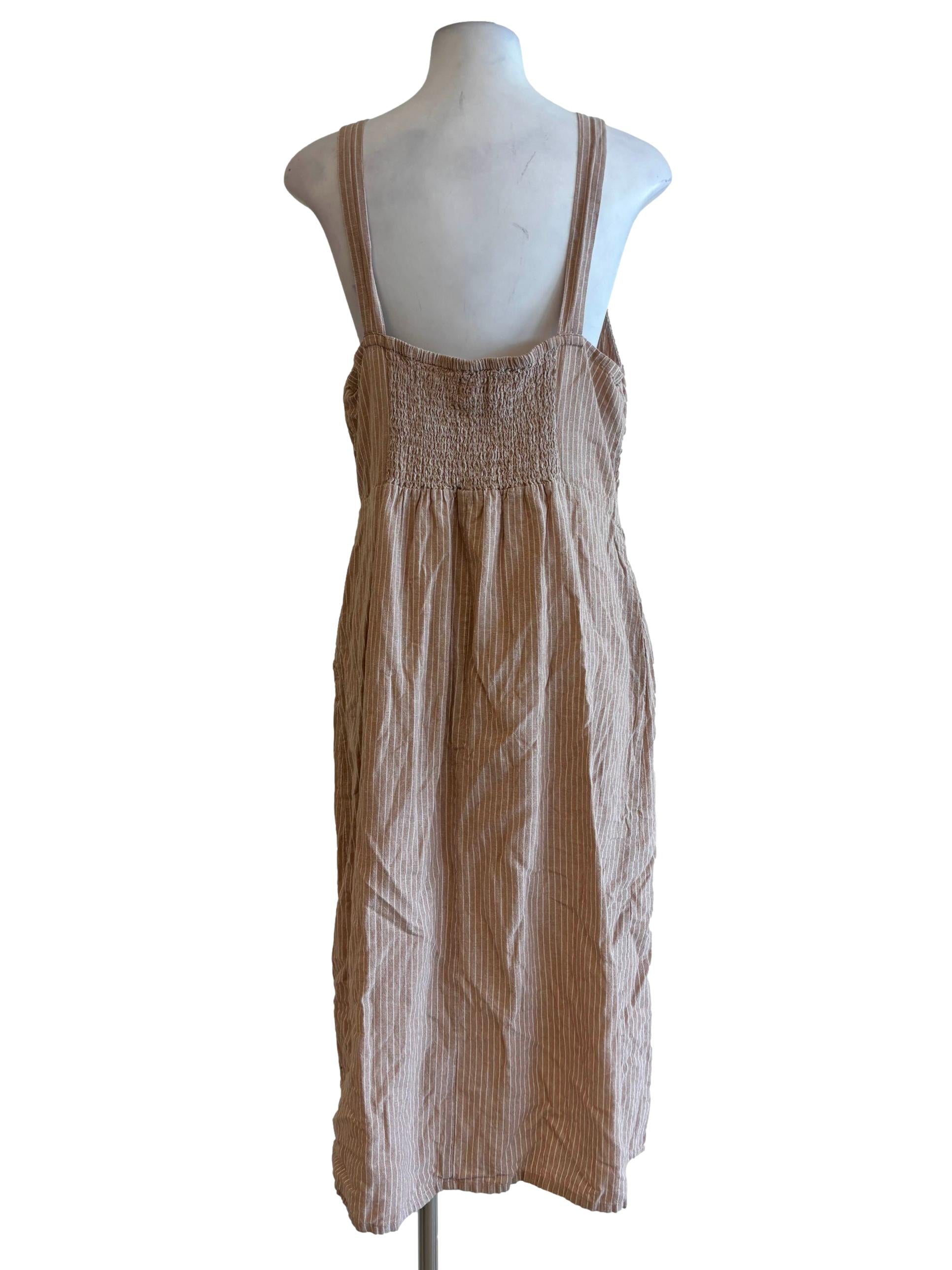 Wheat Striped Apron Neck Button Dress