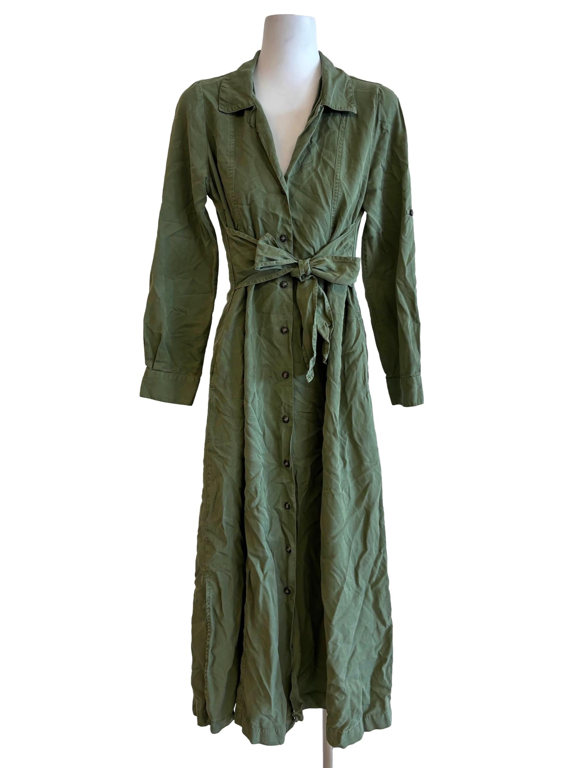 Avocado Green Long Sleeve Buttoned Dress