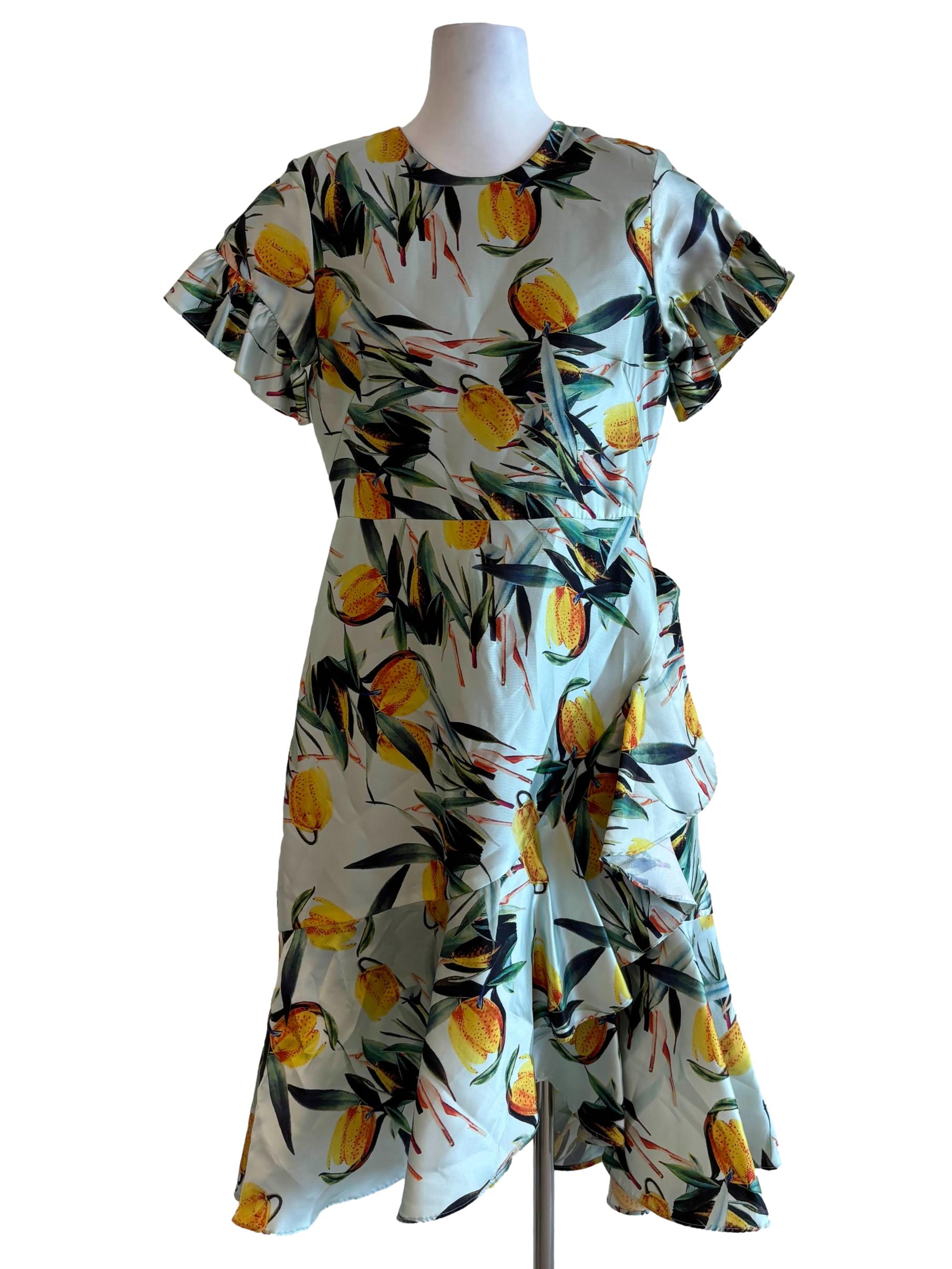 Mint Green Tropical Satin Ruffle Dress