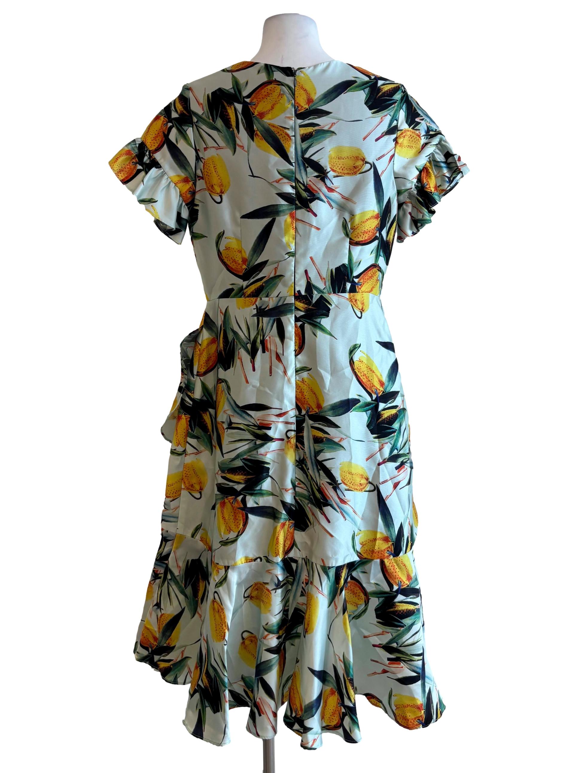 Mint Green Tropical Satin Ruffle Dress