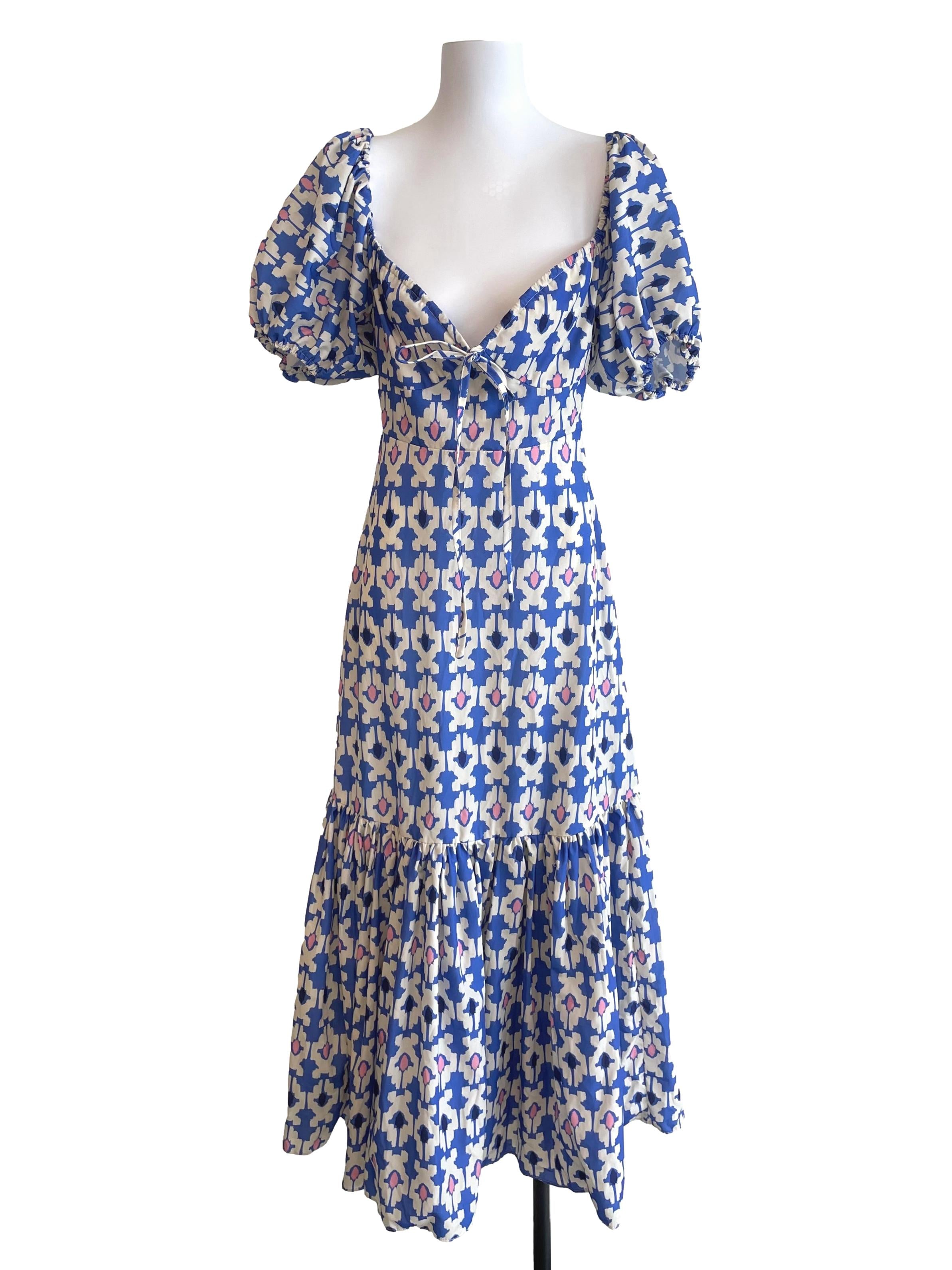Blue & Off White Print Puff Sleeves Dress