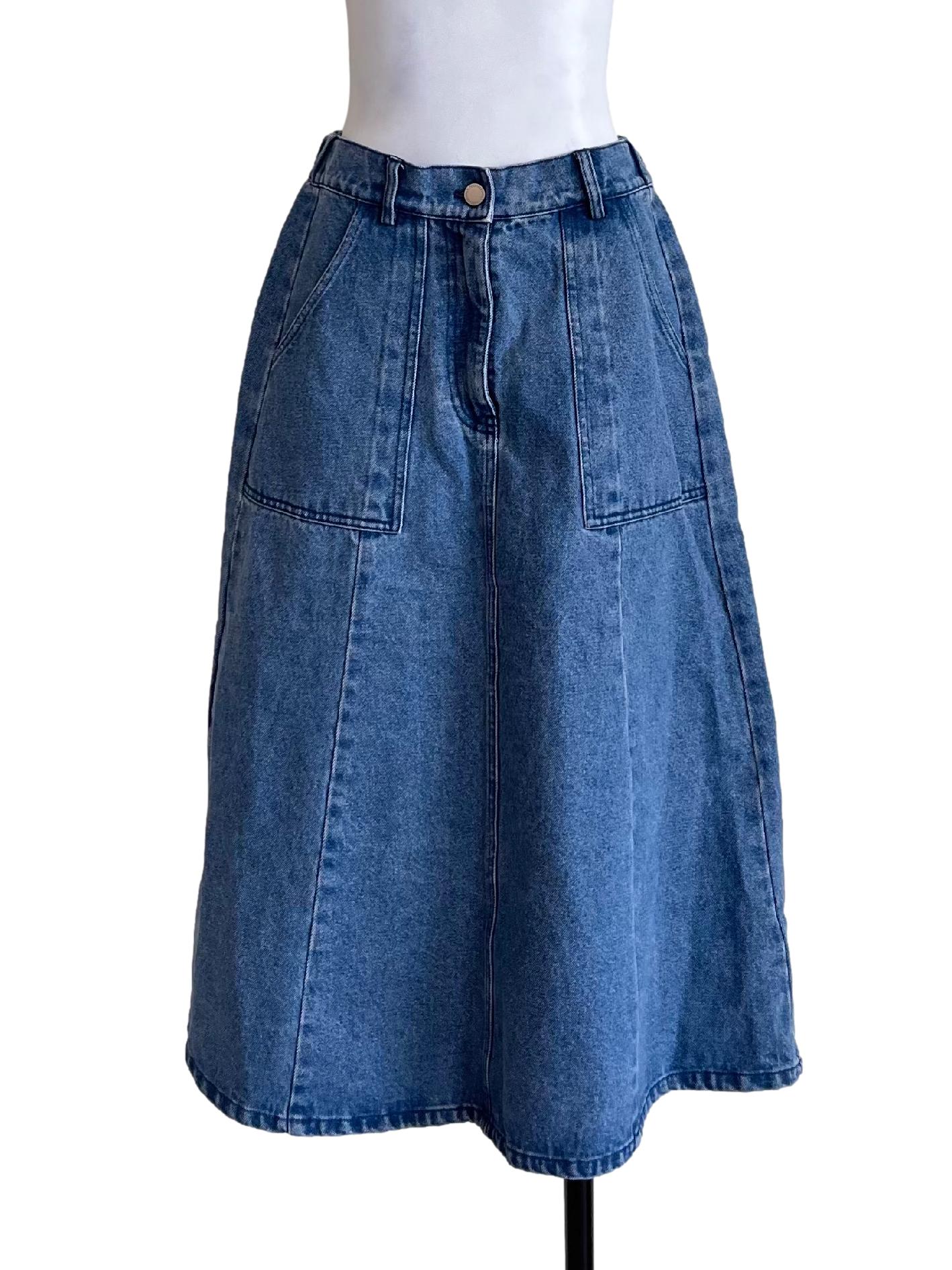 Stone Blue Denim Midi Skirt