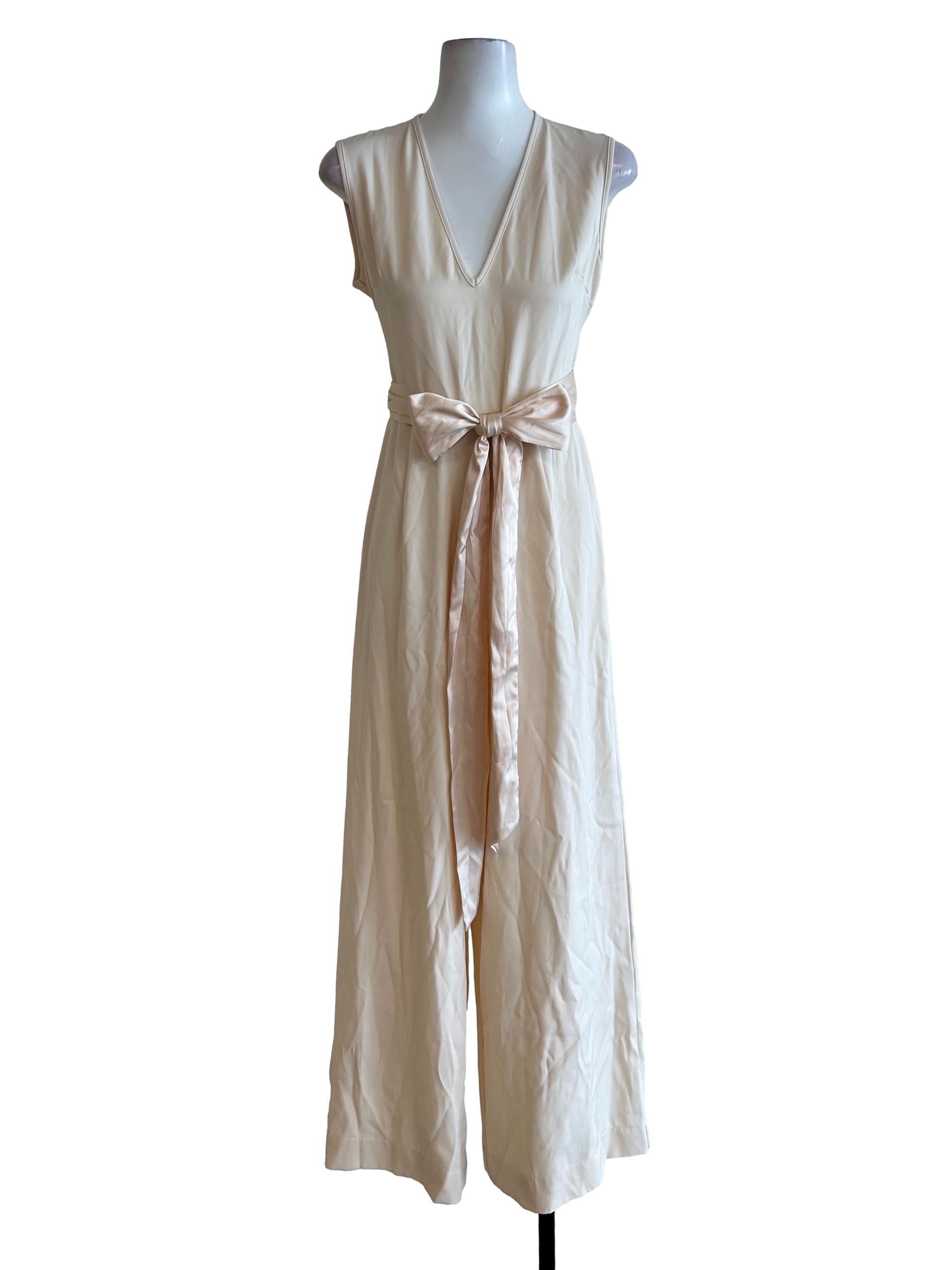 Cream Elegant Jumpsuit With Satin Belt