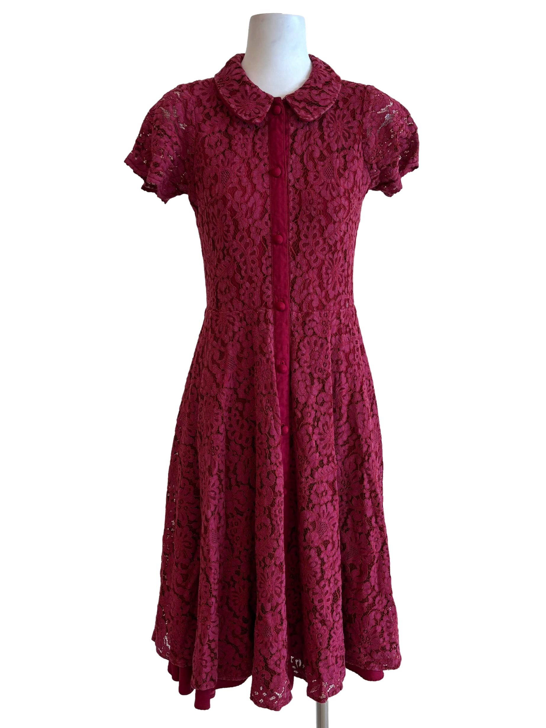 Maroon Short Sleeve Lace A-Line Dress