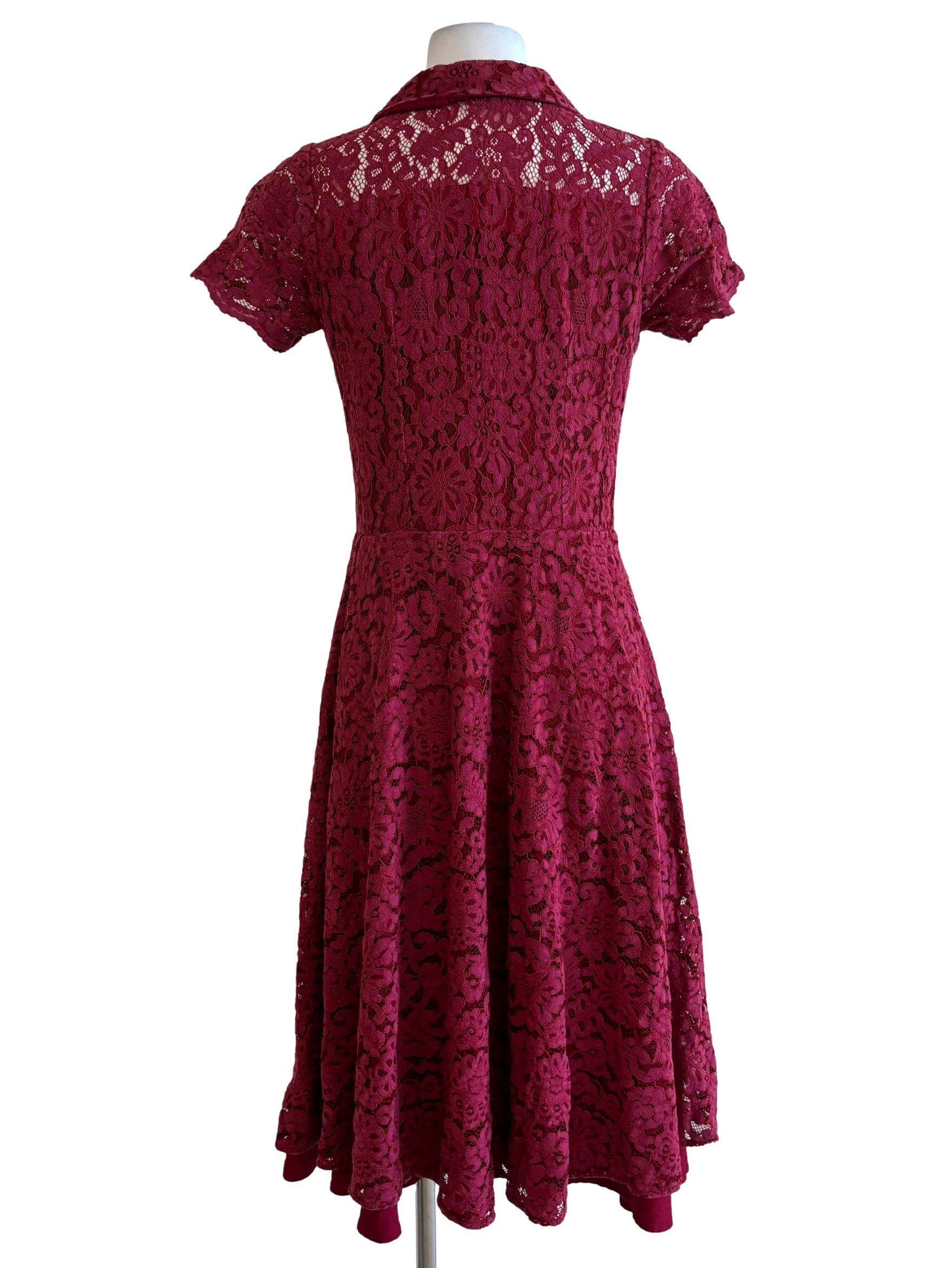 Maroon Short Sleeve Lace A-Line Dress