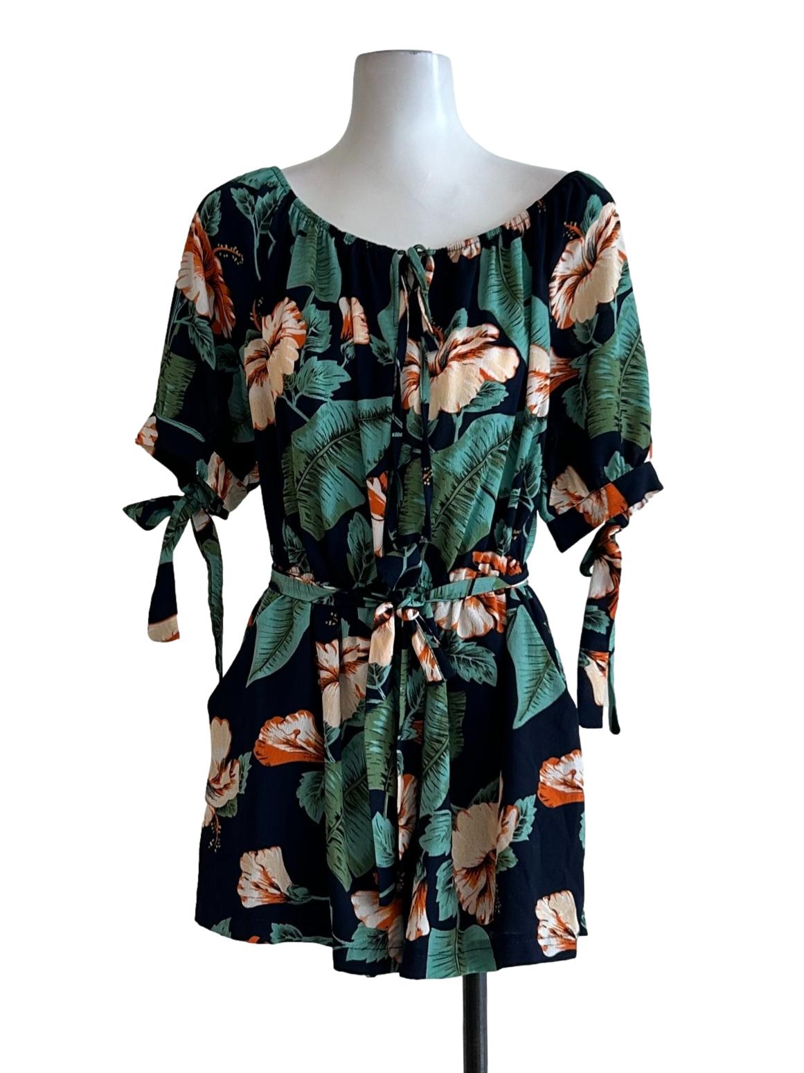 Navy Blue Tropical Print Romper