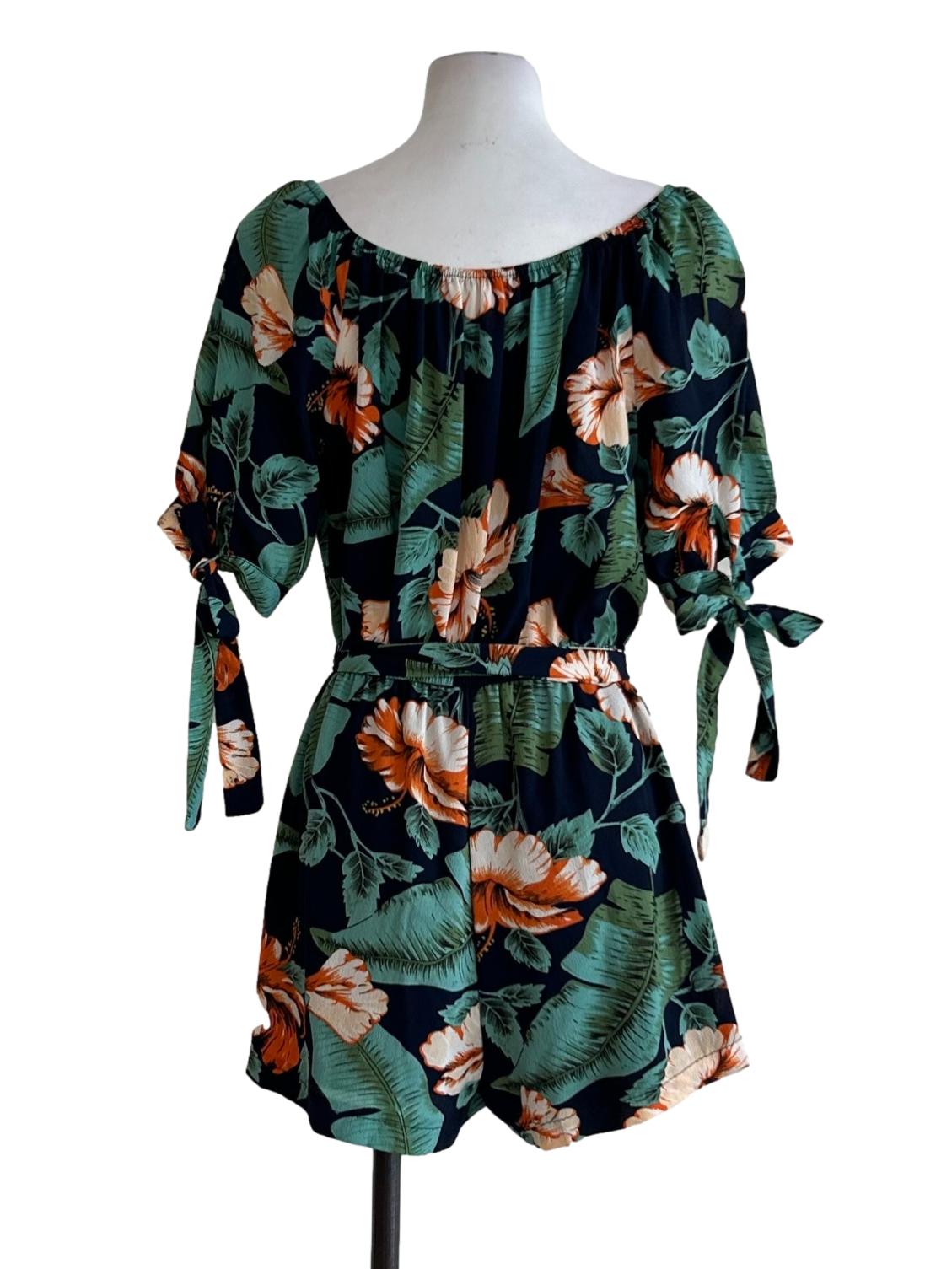 Navy Blue Tropical Print Romper