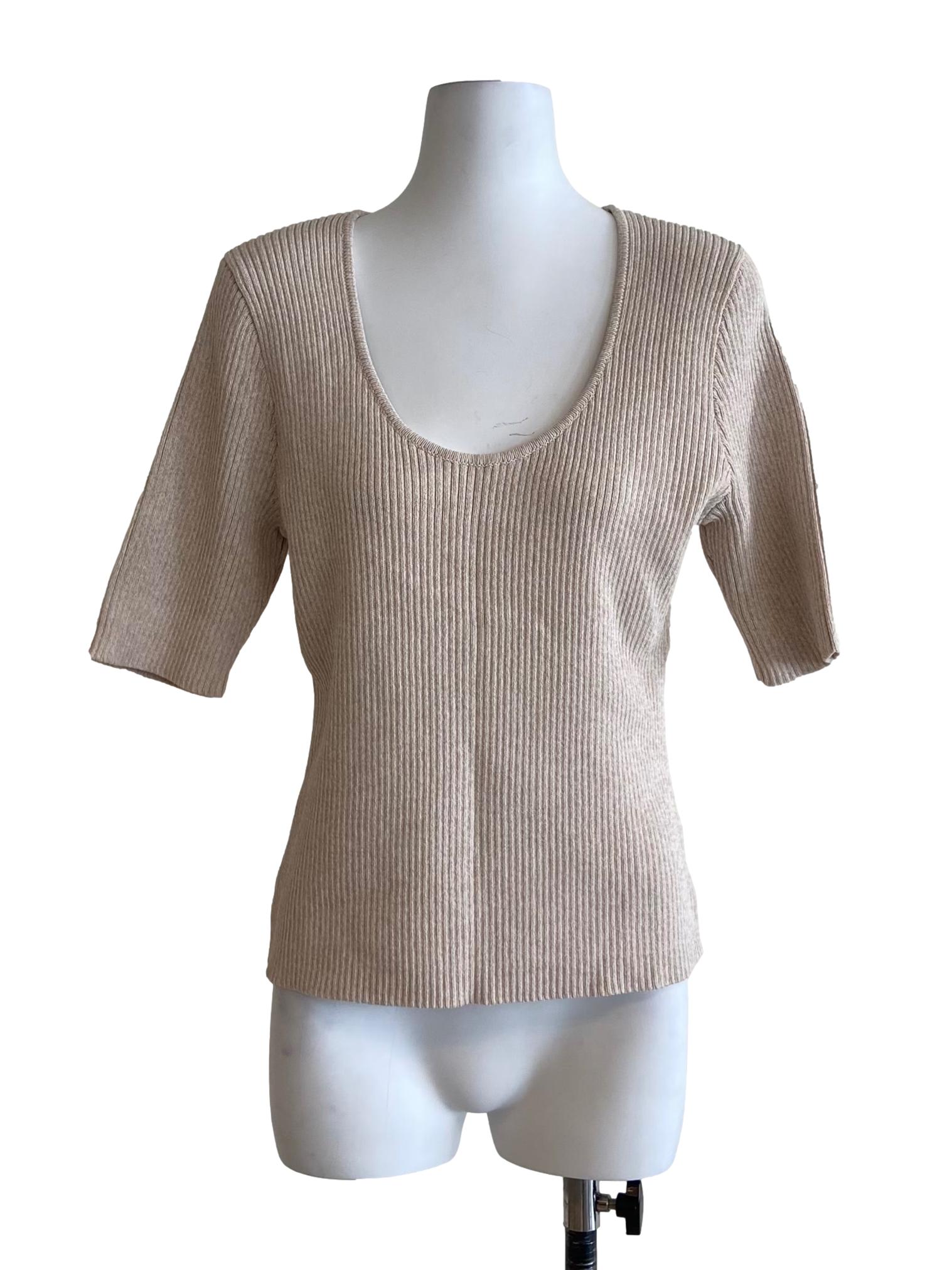 Parchment Beige Pencil Stripe Scoop Neck Top