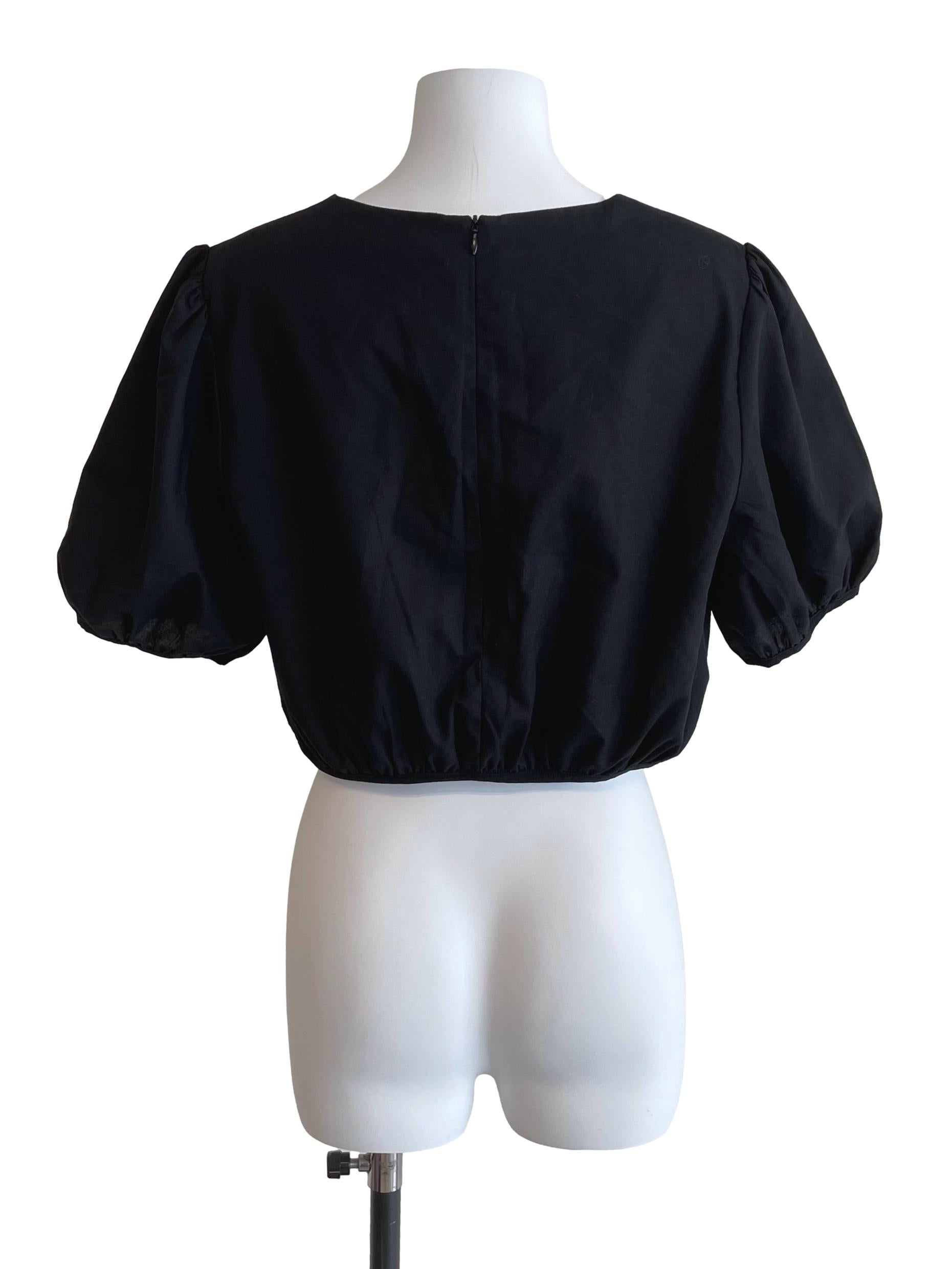 Black Puff Sleeves Button Up Crop Top