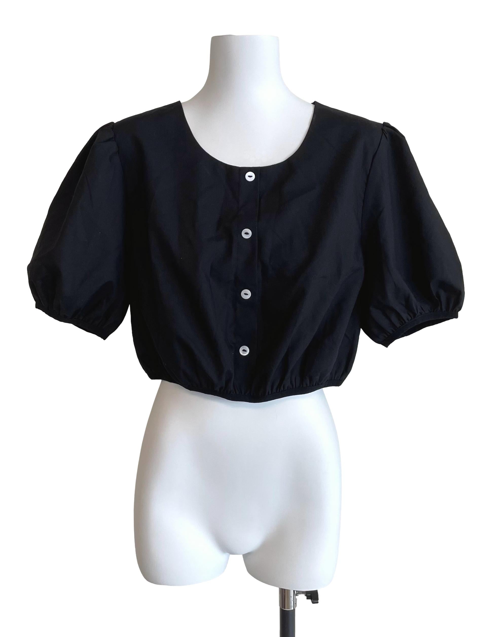 Black Puff Sleeves Button Up Crop Top